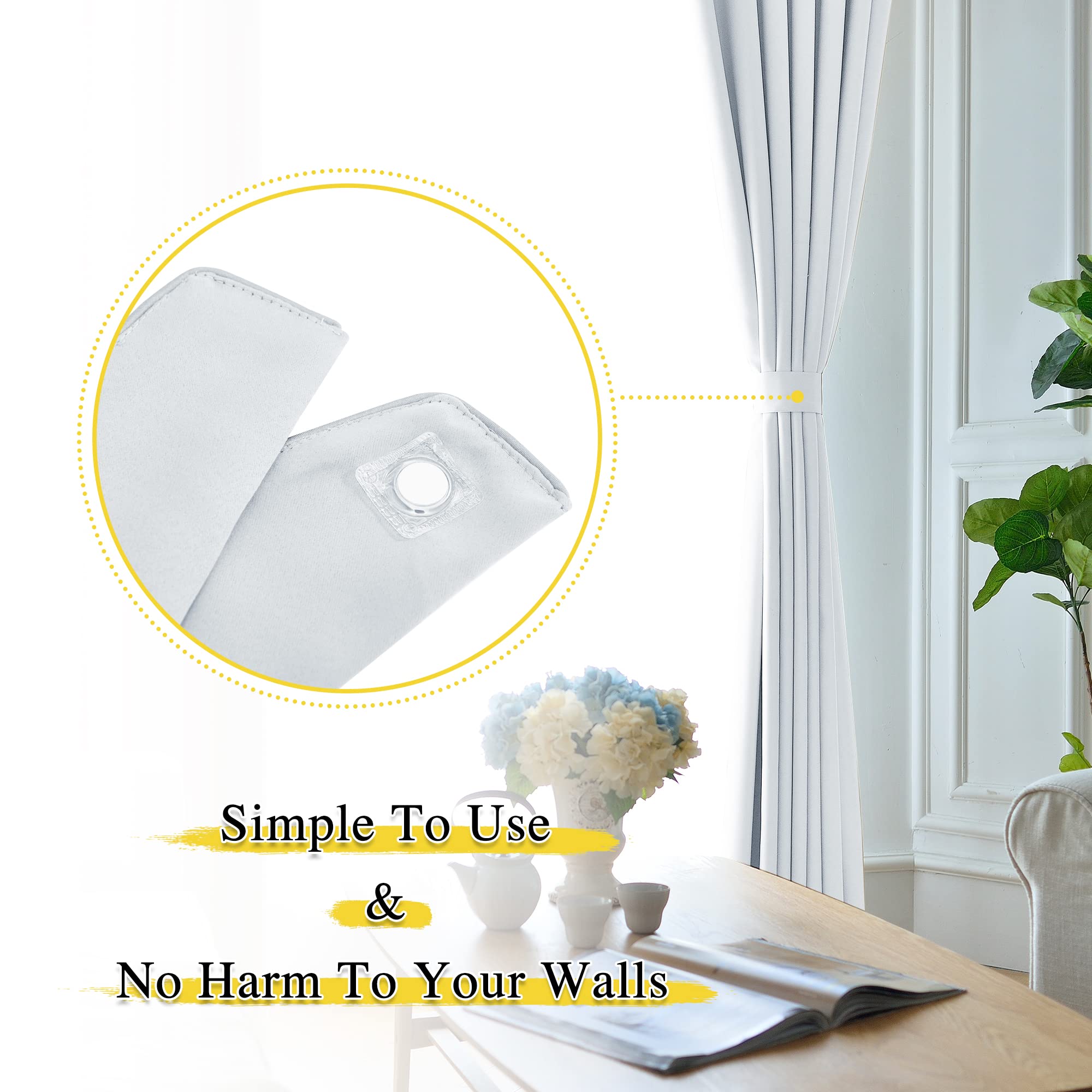 White magnetic curtain tie-back securely holding a white drapery panel, with a close-up highlighting its strong, decorative magnetic closure.