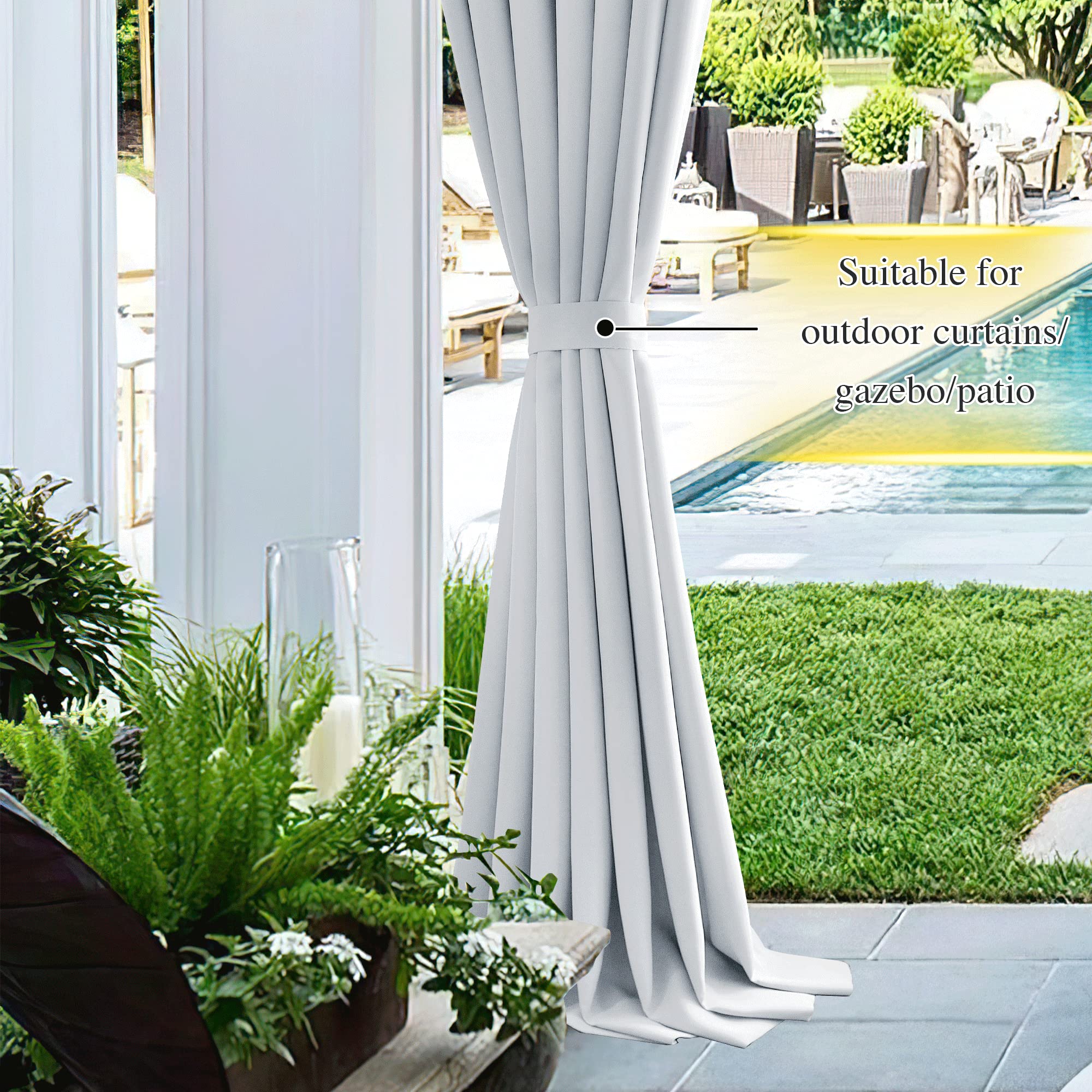 Light grey outdoor curtain elegantly held by a magnetic drape tie back, creating a stylish look for a patio, gazebo, or pool area.