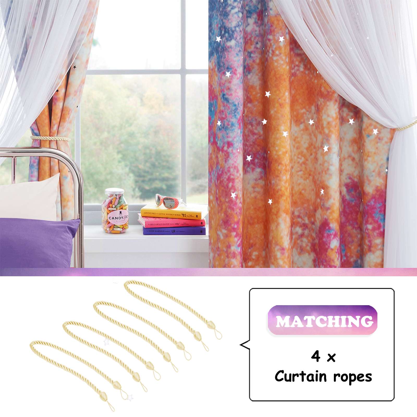 Yellow & Pink Curtains Double Layer with Sheer Star Cut Out Blackout Curtains for Kids Nursery 2 Panels