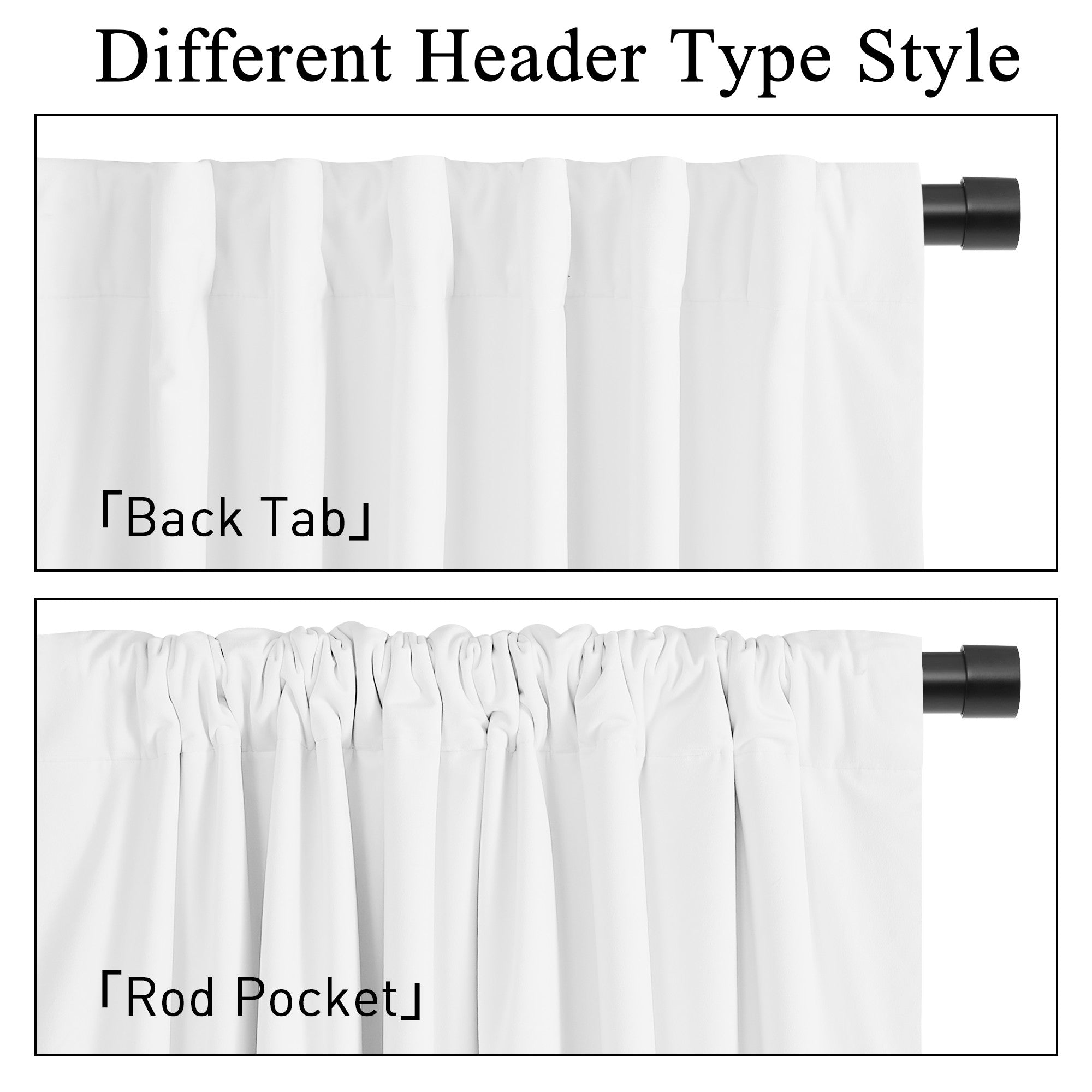White velvet thermal insulated thick drapes displaying both back tab and rod pocket header styles for light blocking.