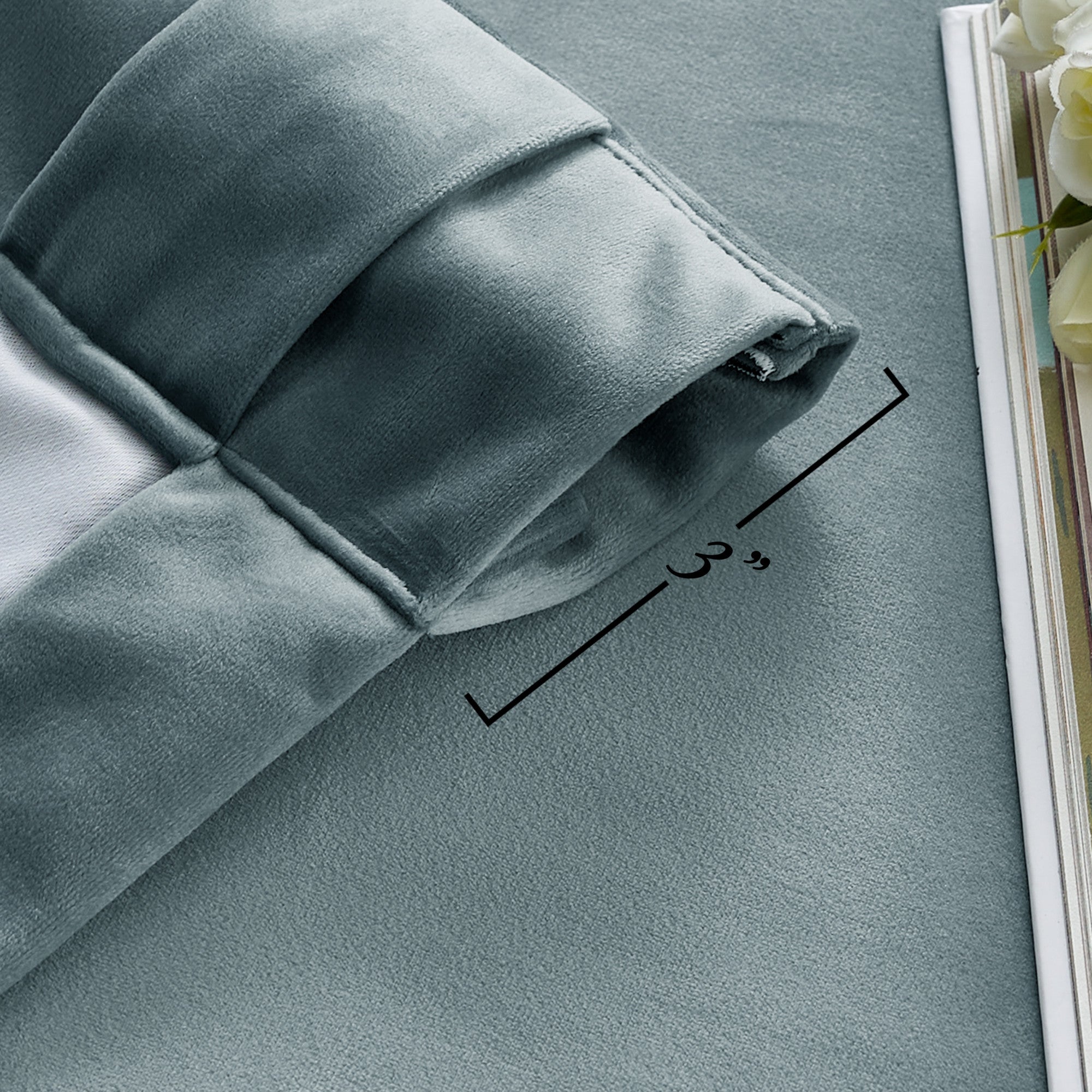 Teal velvet thermal insulated curtain closeup, highlighting the 3-inch rod pocket and back tab header for thick drapes.