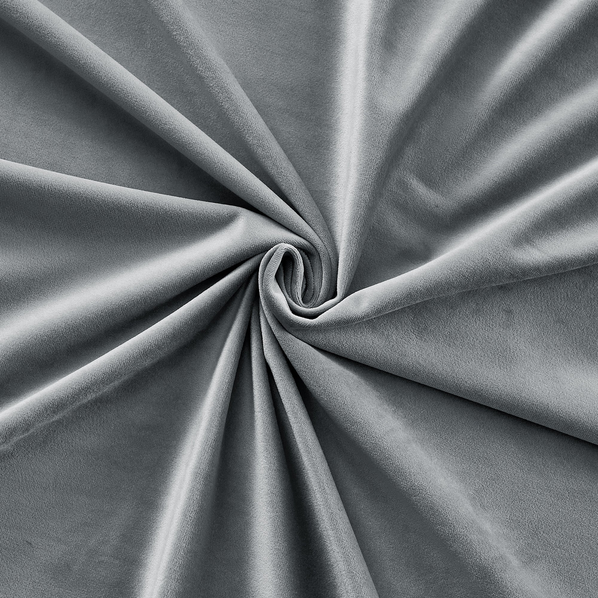 Close-up of luxurious grey velvet fabric with soft folds and a central swirl, showcasing the texture for thick thermal insulated light blocking drapes.