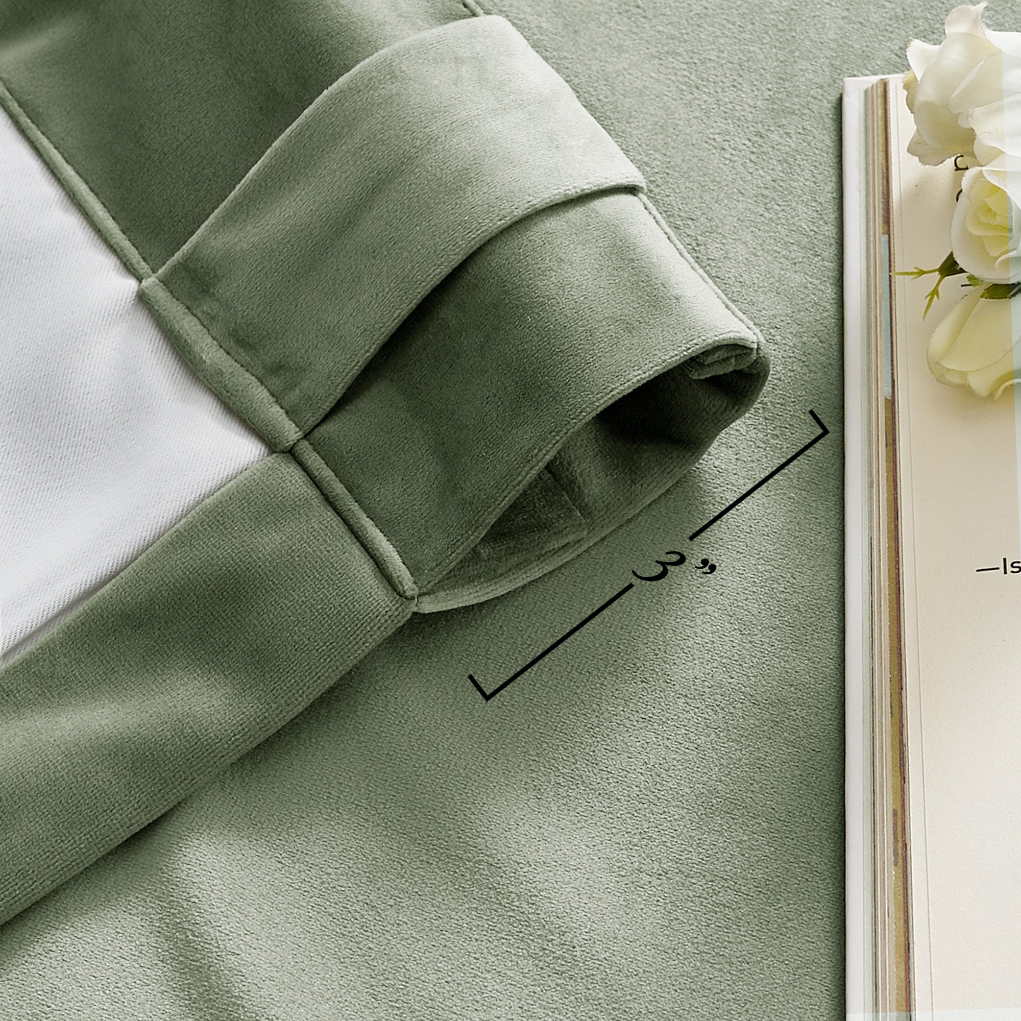 Sage green velvet light blocking curtain showcasing 3-inch rod pocket and back tab, with visible thick 2-layer thermal insulated lining.