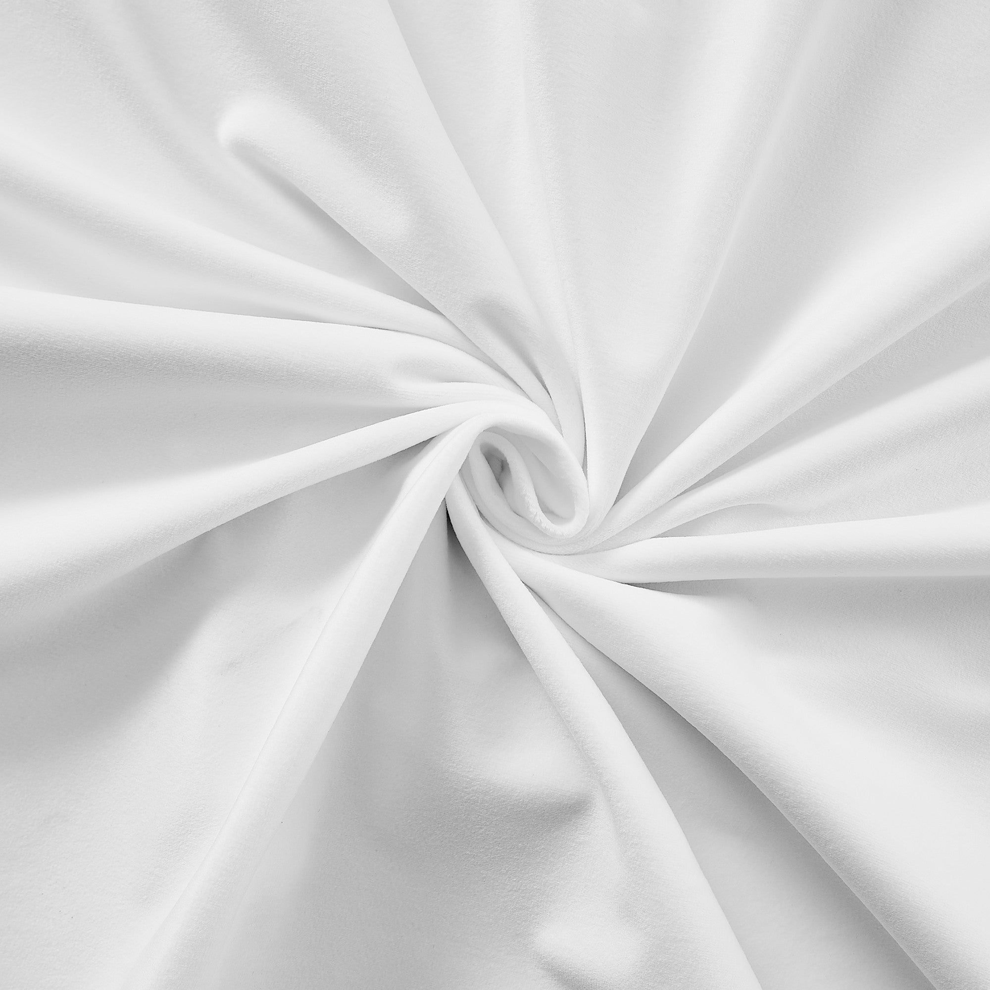 White velvet fabric swatch, folded to showcase plush texture and thickness, perfect for thermal insulated light blocking drapes.