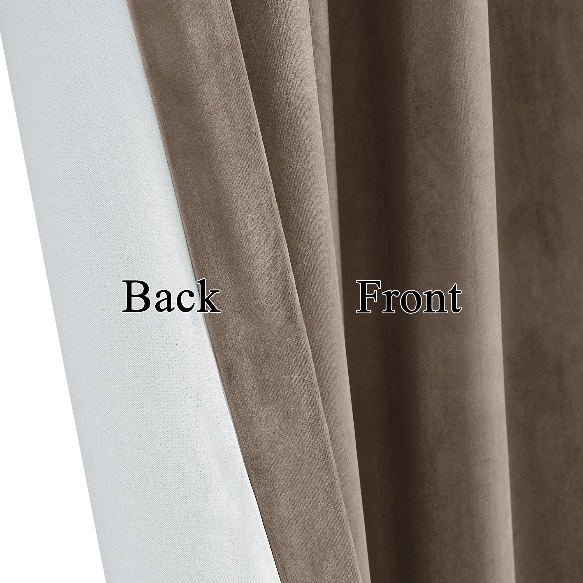 Close-up of a 2-layer thermal insulated velvet curtain, showing its brown front and white light-blocking back.