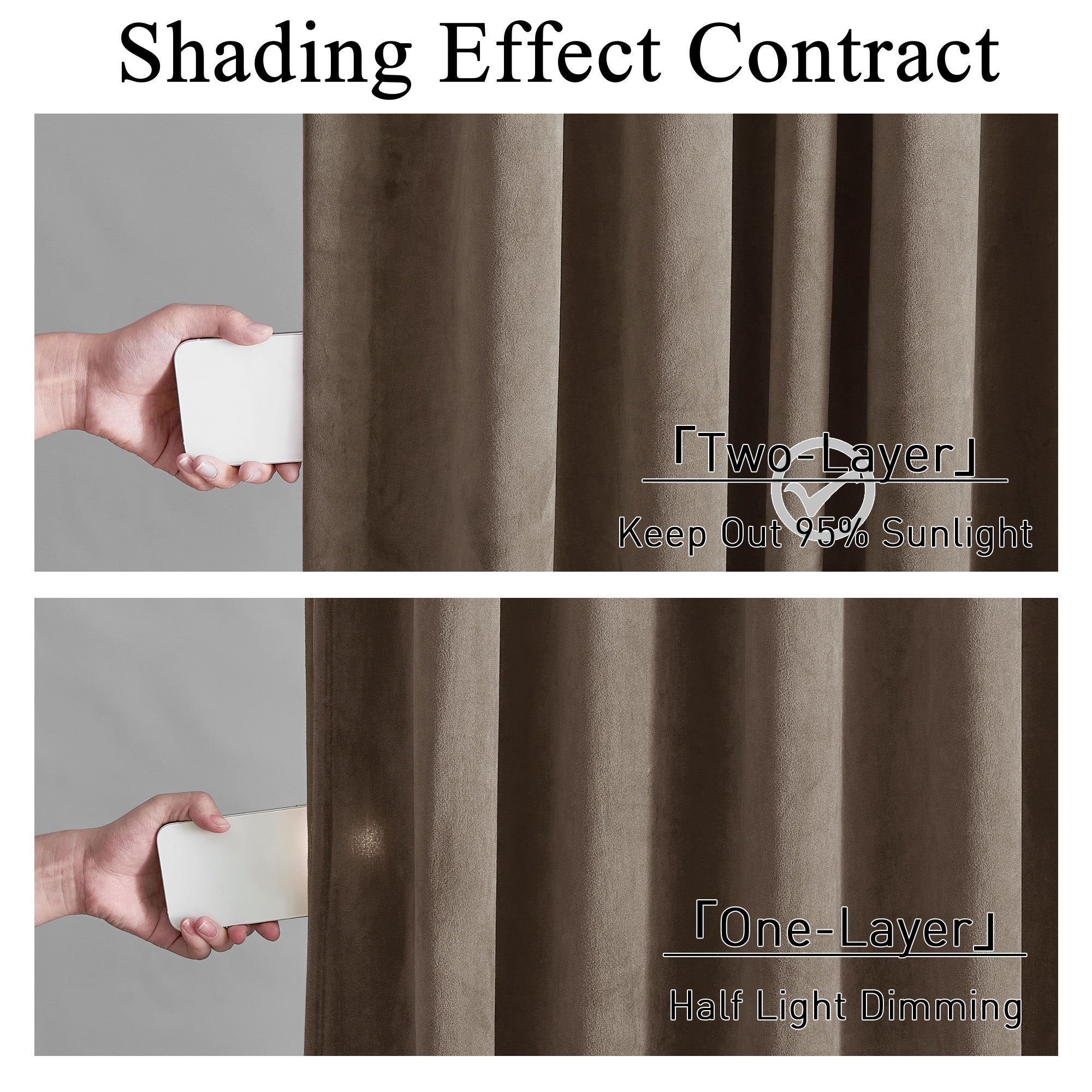 Hand behind 2-layer thick velvet thermal insulated drape demonstrates 95% light blocking vs. 1-layer showing half light dimming.