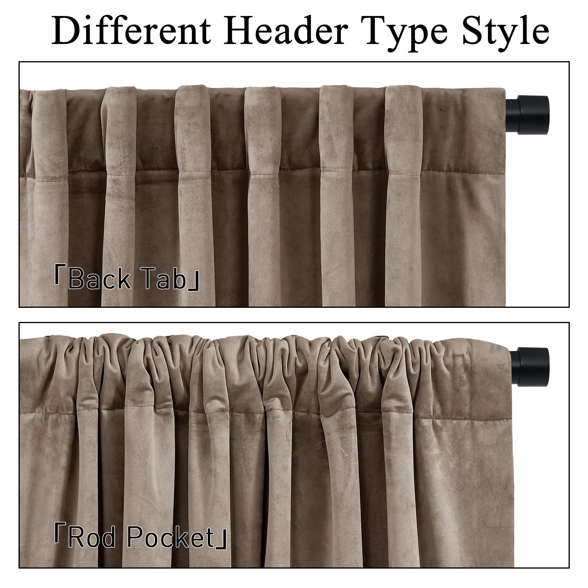 Beige velvet thermal insulated light blocking thick drapes showing back tab and gathered rod pocket header styles.