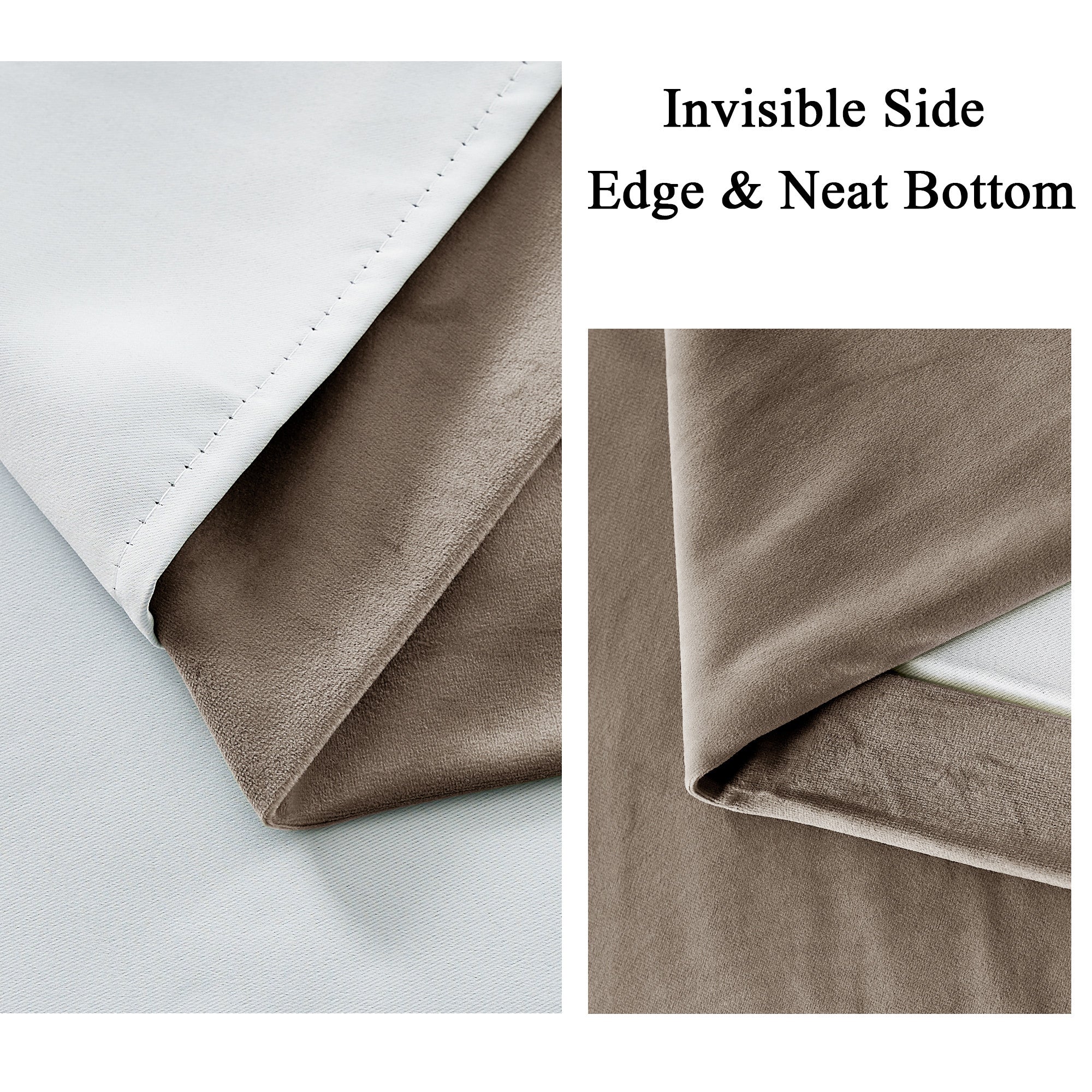 Close-up of 2-layer velvet thermal insulated light blocking curtain fabric, showing rich brown velvet and crisp white lining with neat stitching.