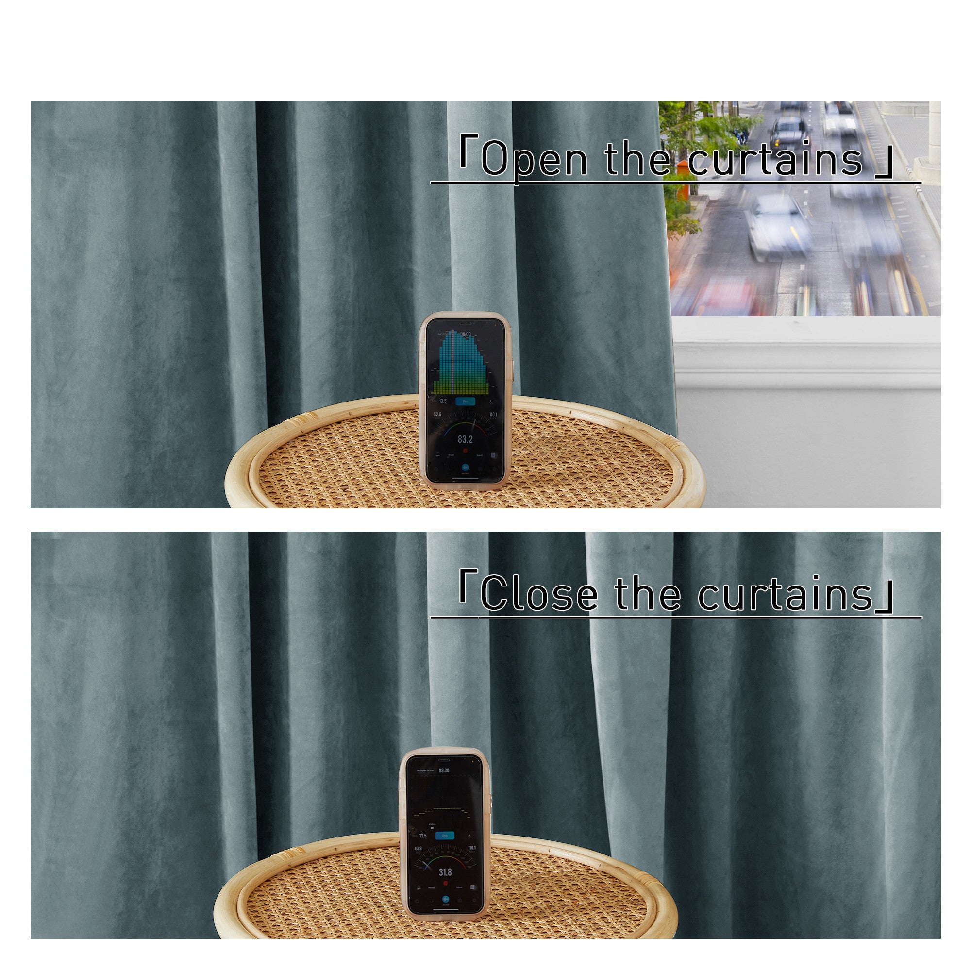 Sound blocking velvet curtains reducing noise from 83.2 to 31.8 dB. Thick thermal insulated drapes for privacy.