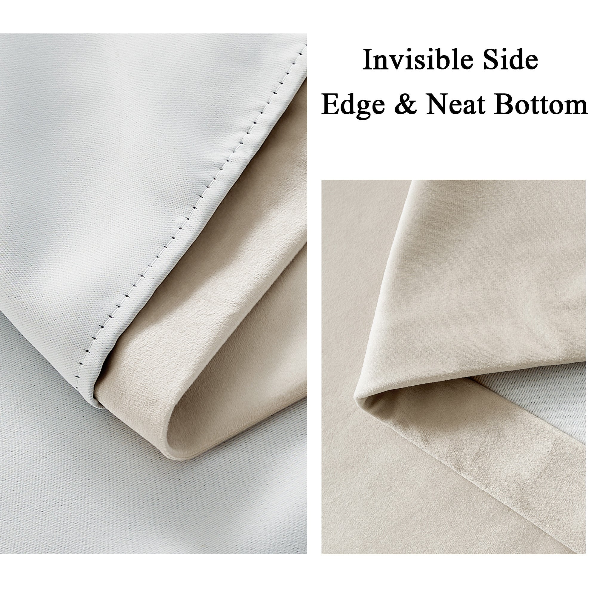 Two-layer light blocking velvet thermal insulated drapes with clean stitching & soft beige lining for an invisible side edge & neat bottom.