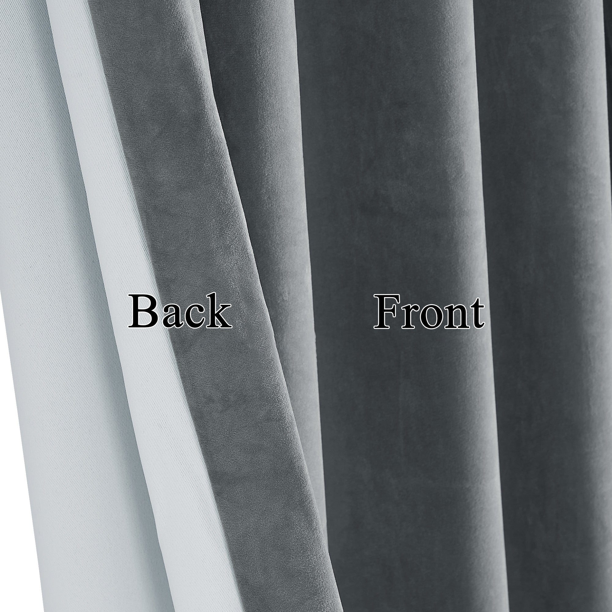 Detail of 2-layer thick velvet thermal insulated light blocking drapes. Dark grey front with soft velvet texture, light gray lined back.