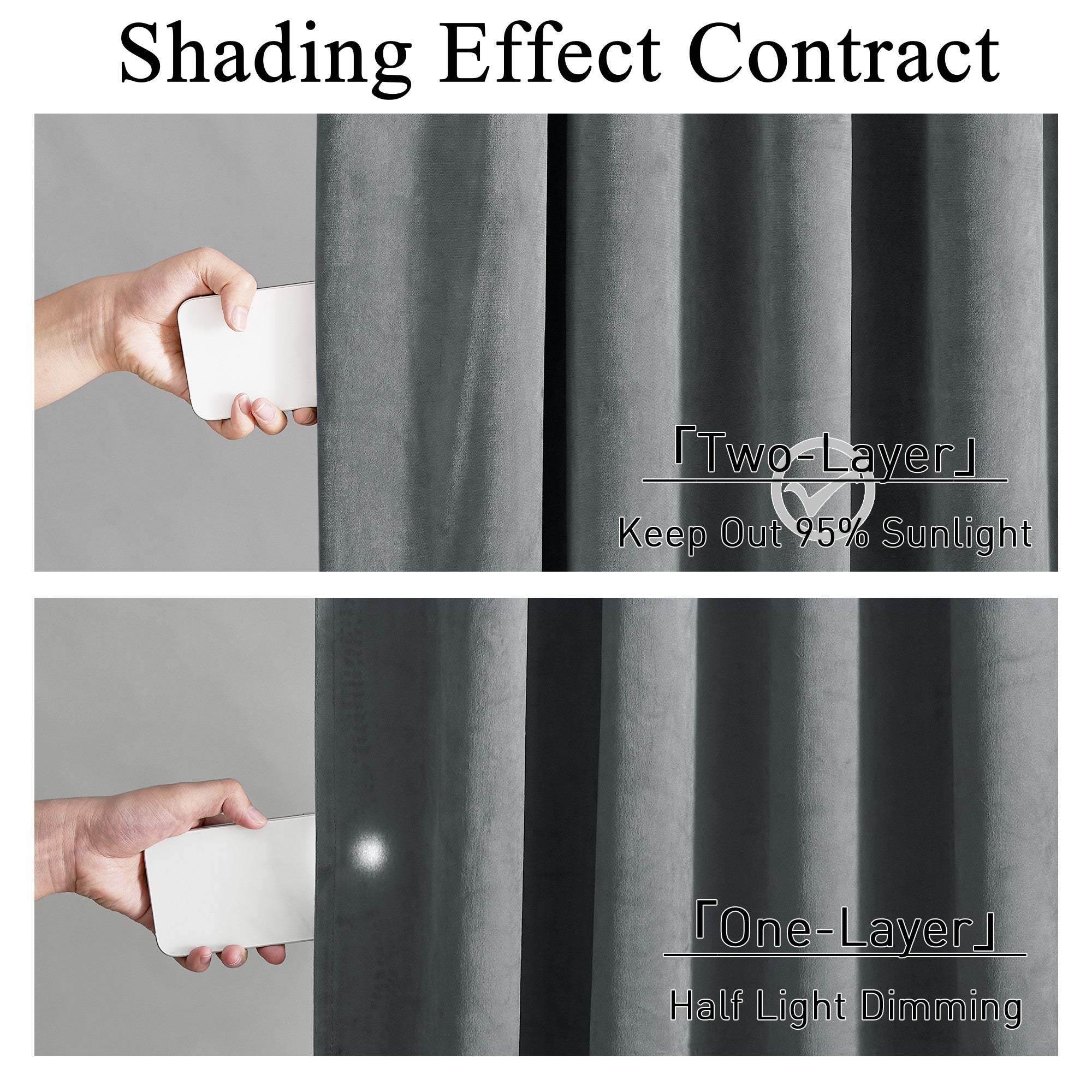 Hand demonstrating light blocking: two-layer thick velvet thermal insulated curtains show complete blockage, one-layer offers partial light dimming.