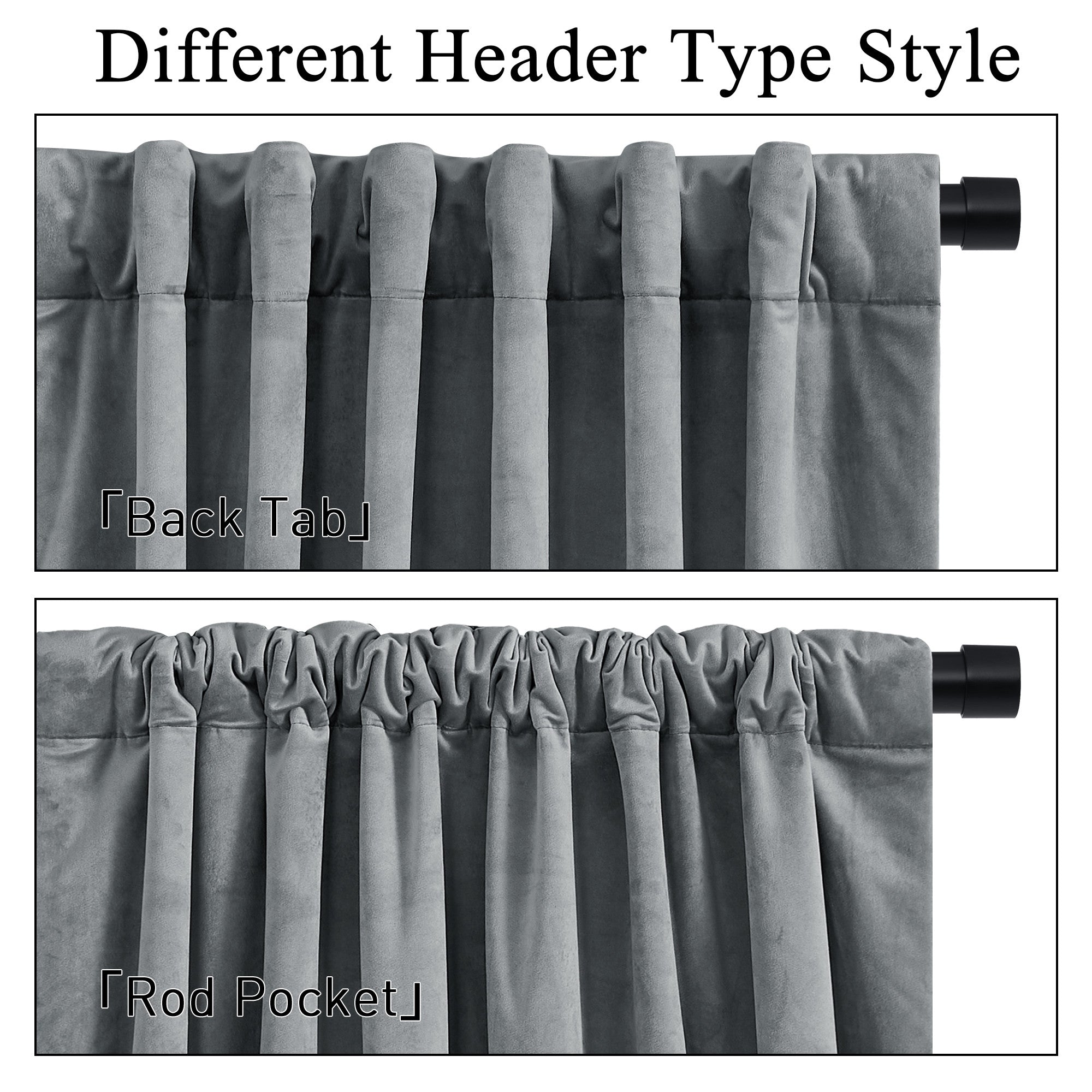 Grey velvet thermal insulated curtains: top shows back tab header, bottom displays rod pocket header for light blocking drapes.