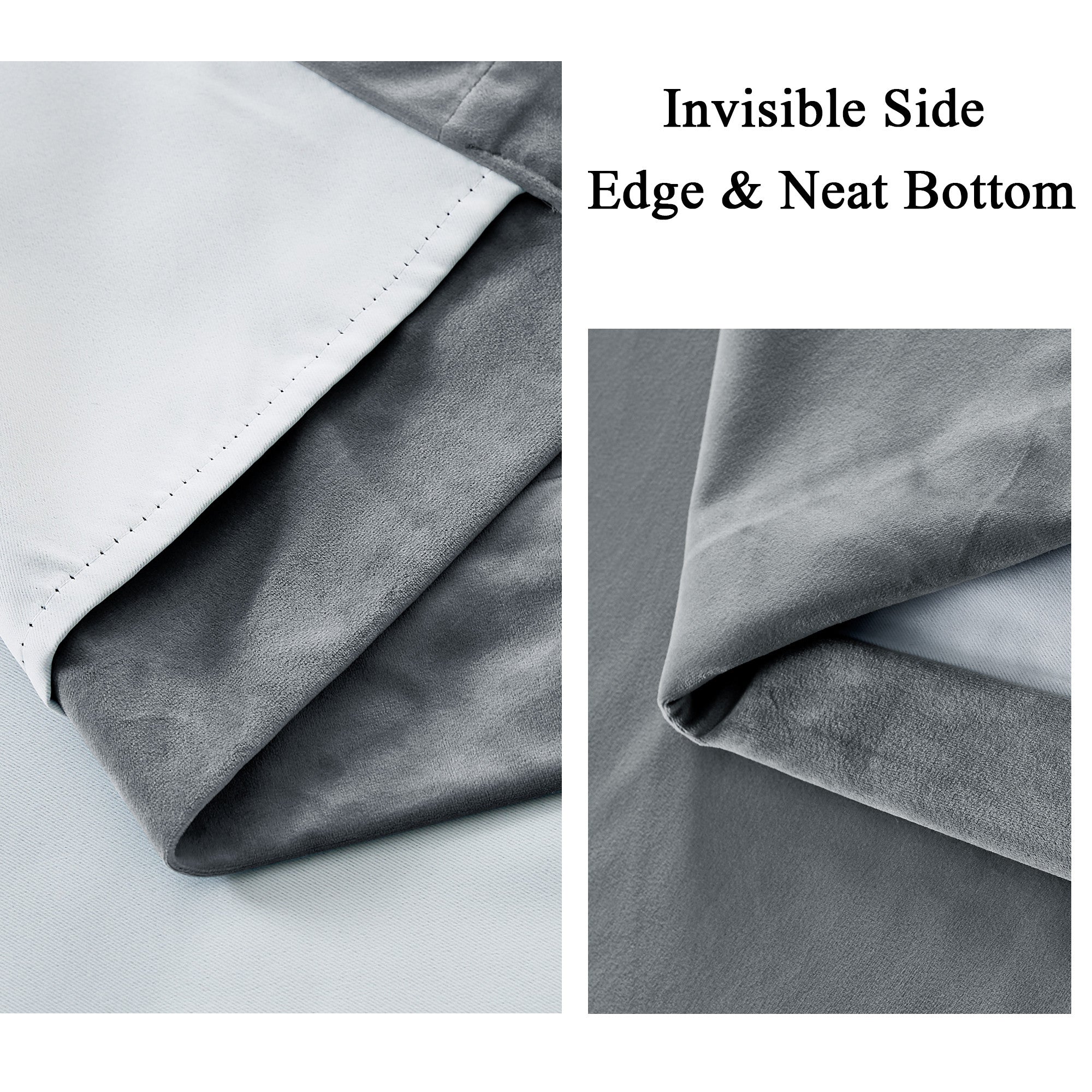 Detailed view of 2-layer gray velvet thermal insulated curtain with light blocking lining, highlighting neat bottom and invisible side edge.