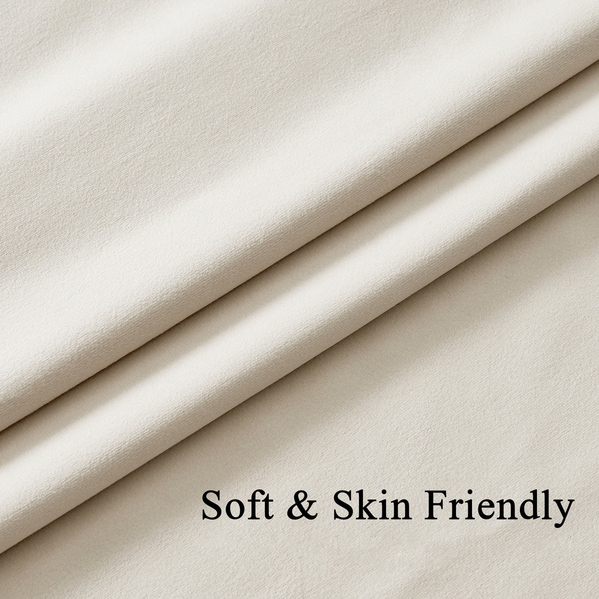 Close-up of luxurious, soft, skin-friendly beige velvet fabric, ideal for thick thermal insulated light-blocking curtains.