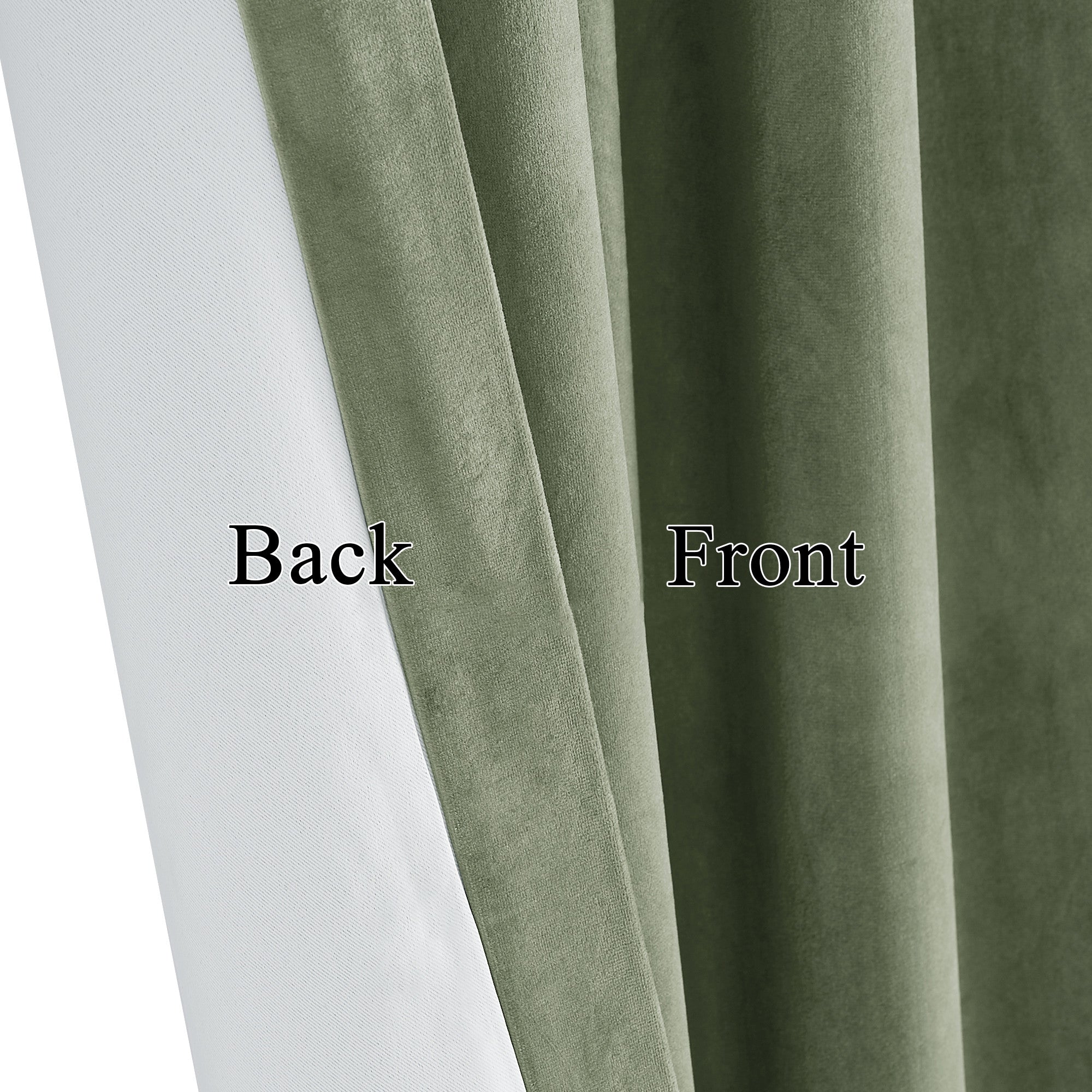 Close-up: 2-layer velvet thermal insulated light blocking curtain in olive green, showing plush front and thick off-white back layers.