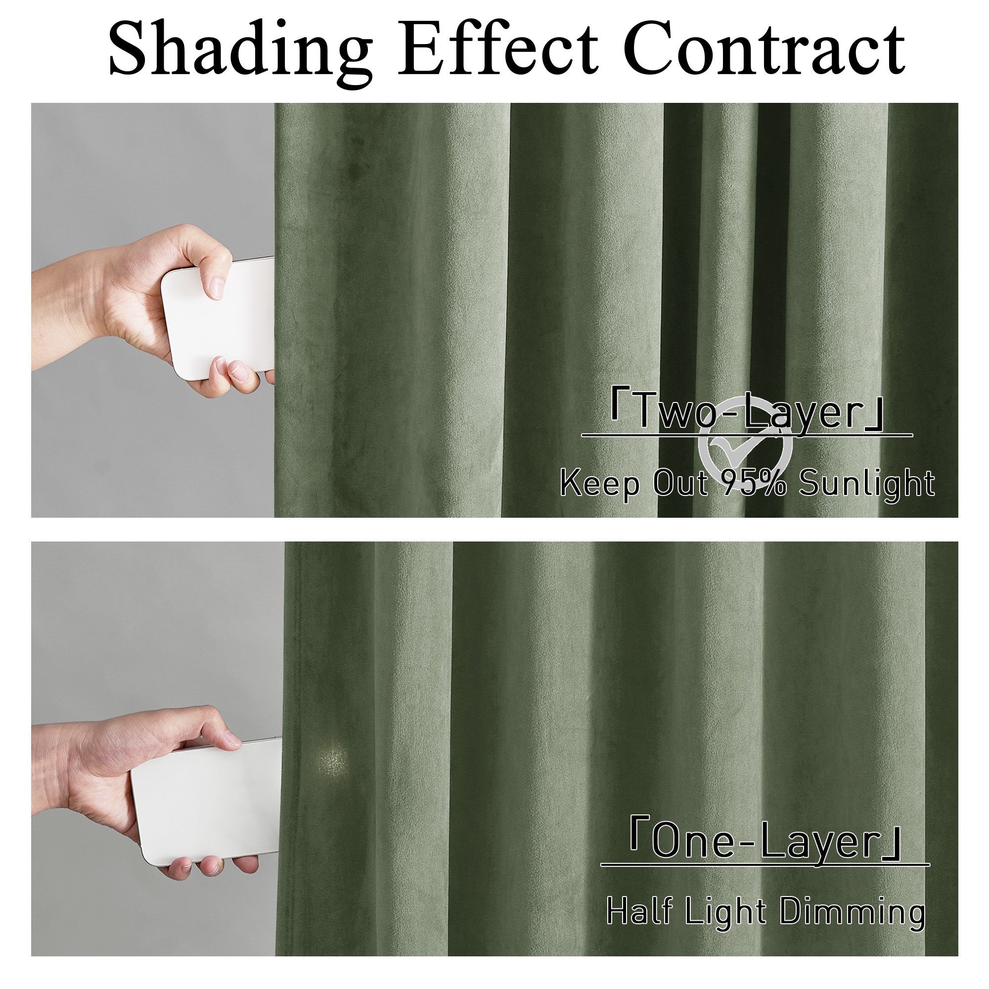Comparison of 2-layer green velvet thermal insulated curtains providing 95% light blocking vs. a single layer with half light dimming.