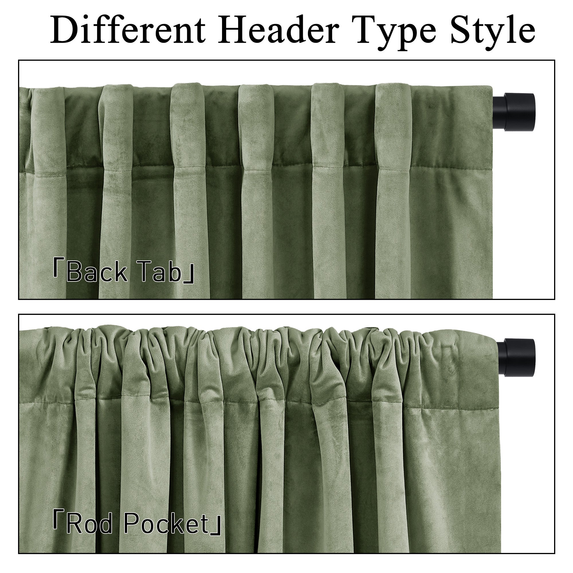 Sage green velvet light blocking thermal insulated curtains showing back tab and rod pocket header styles on a black curtain rod.