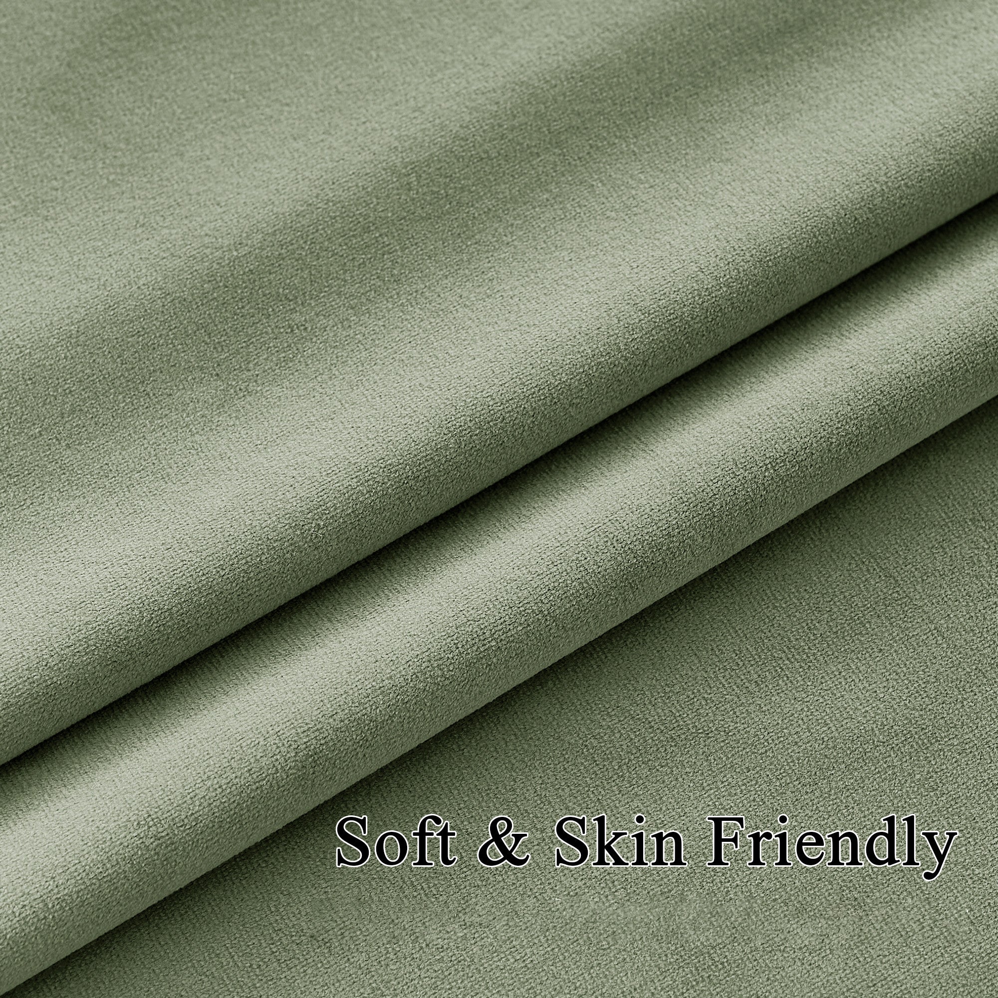 Close-up of soft, skin-friendly sage green velvet curtain fabric with rich texture and thick folds for thermal insulated, light blocking drapes.