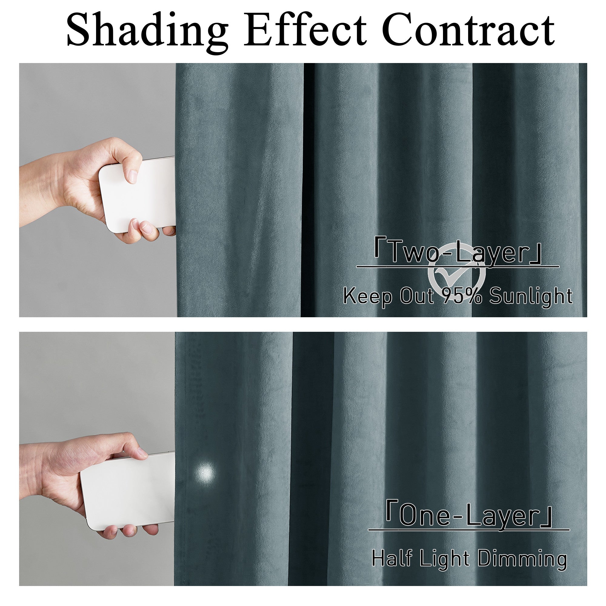Hand demonstrating 2-layer velvet thermal insulated light blocking curtains stopping 95% sunlight vs. one-layer half light dimming