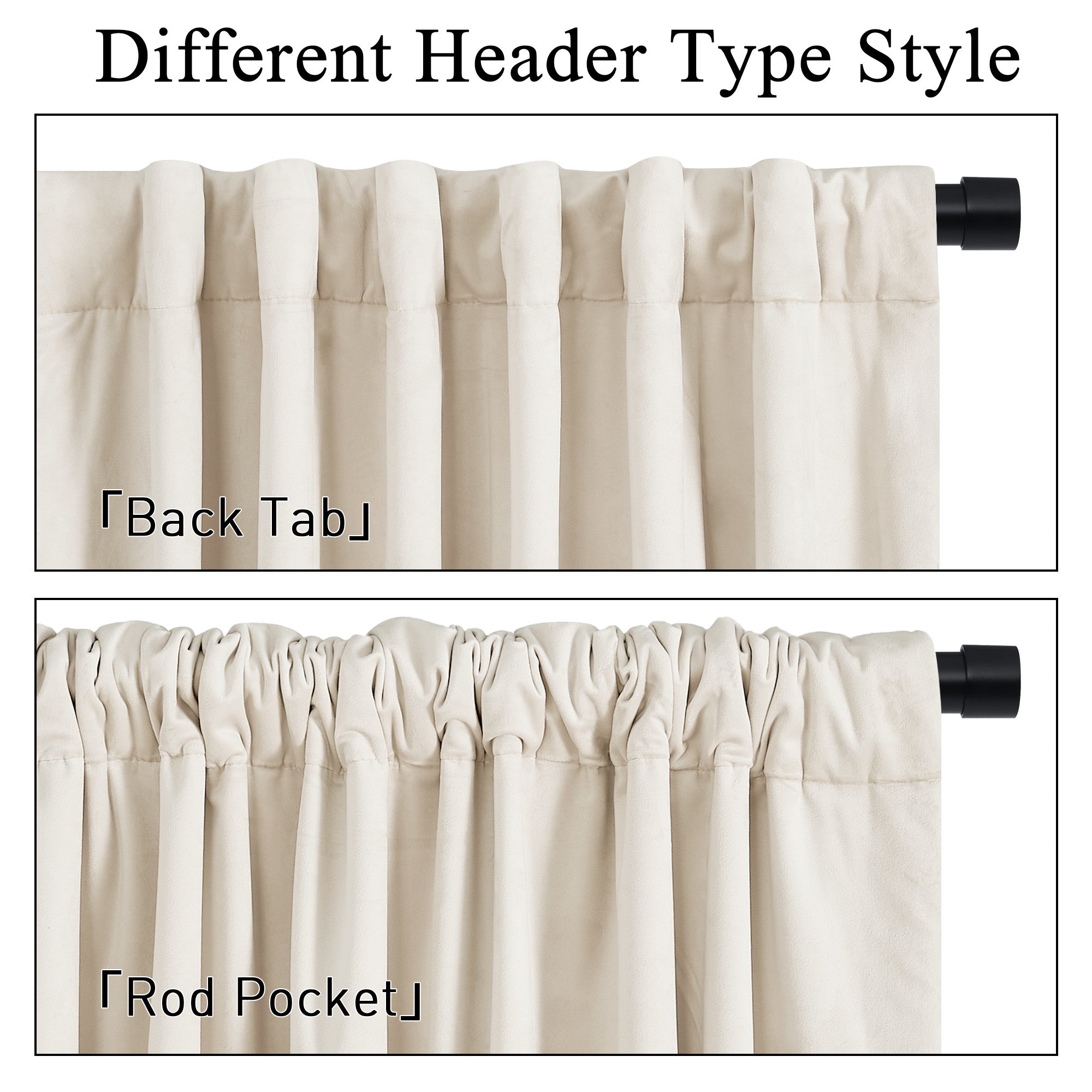 Close-up of light beige velvet curtain header styles: Back Tab (top) and Rod Pocket (bottom) for thick drapes on a black rod.