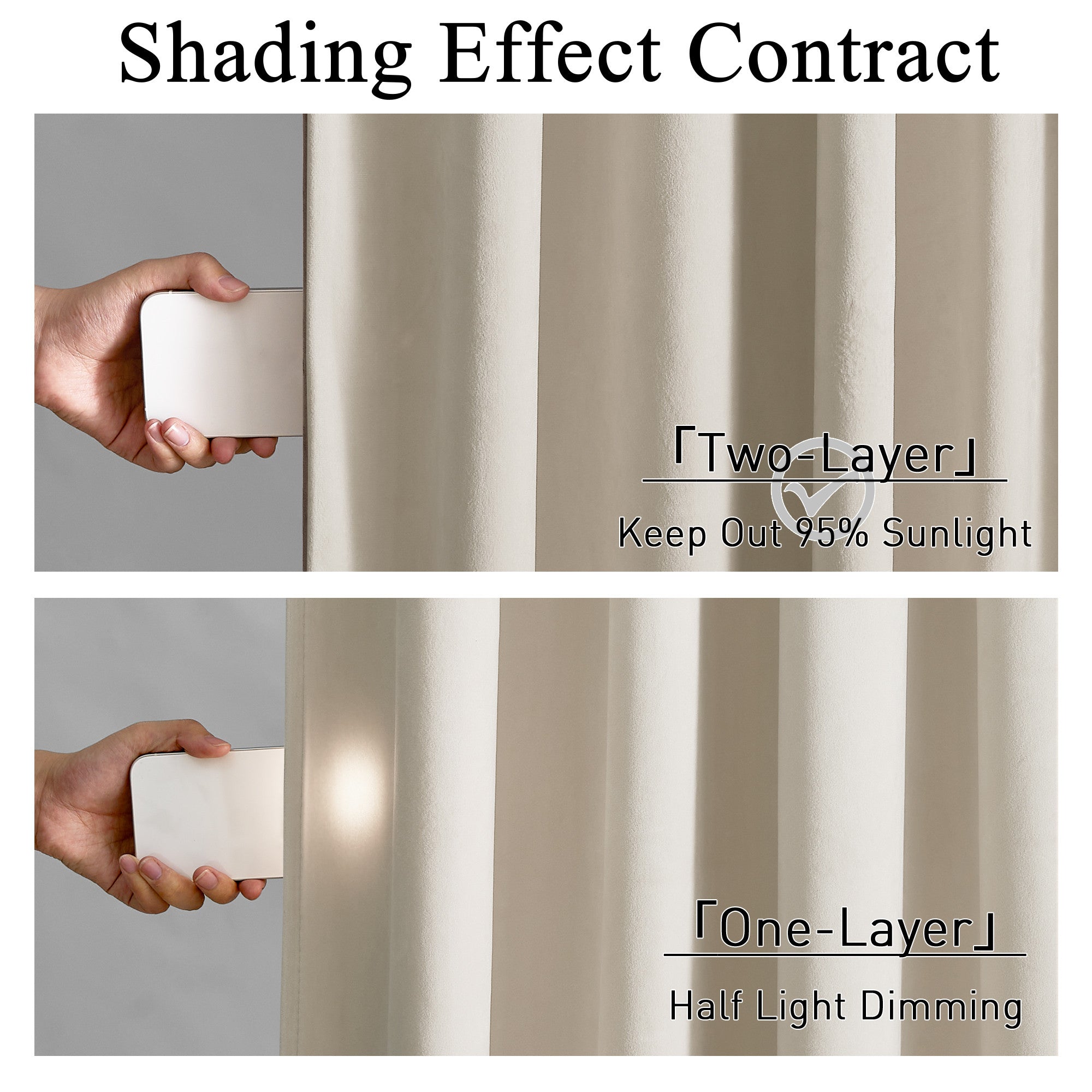 Two-layer thick velvet thermal insulated curtains blocking 95% sunlight versus one-layer drapes showing half light dimming.