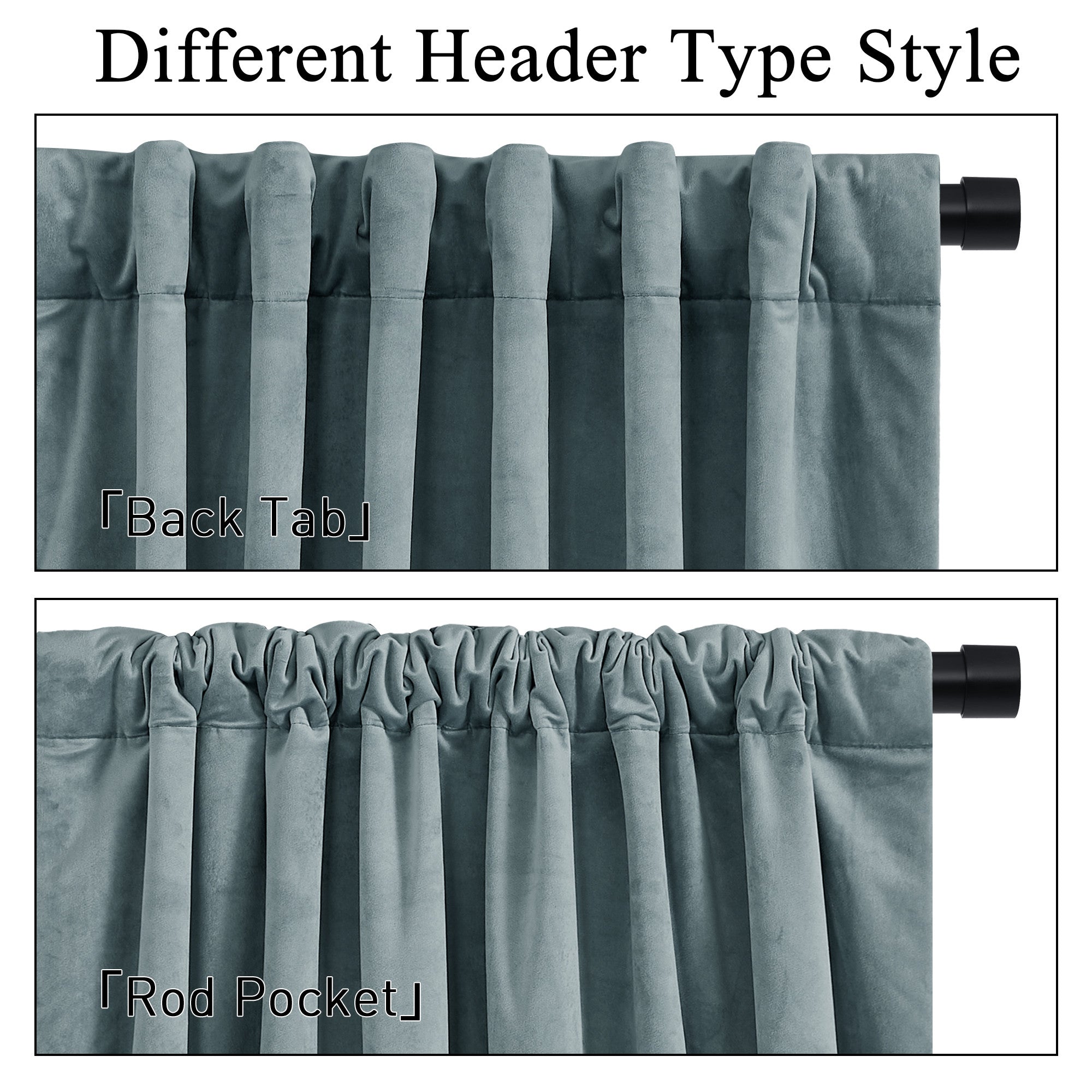 Blue-grey velvet light blocking curtains: Top view shows Back Tab style with sleek folds; bottom shows gathered Rod Pocket drapes.