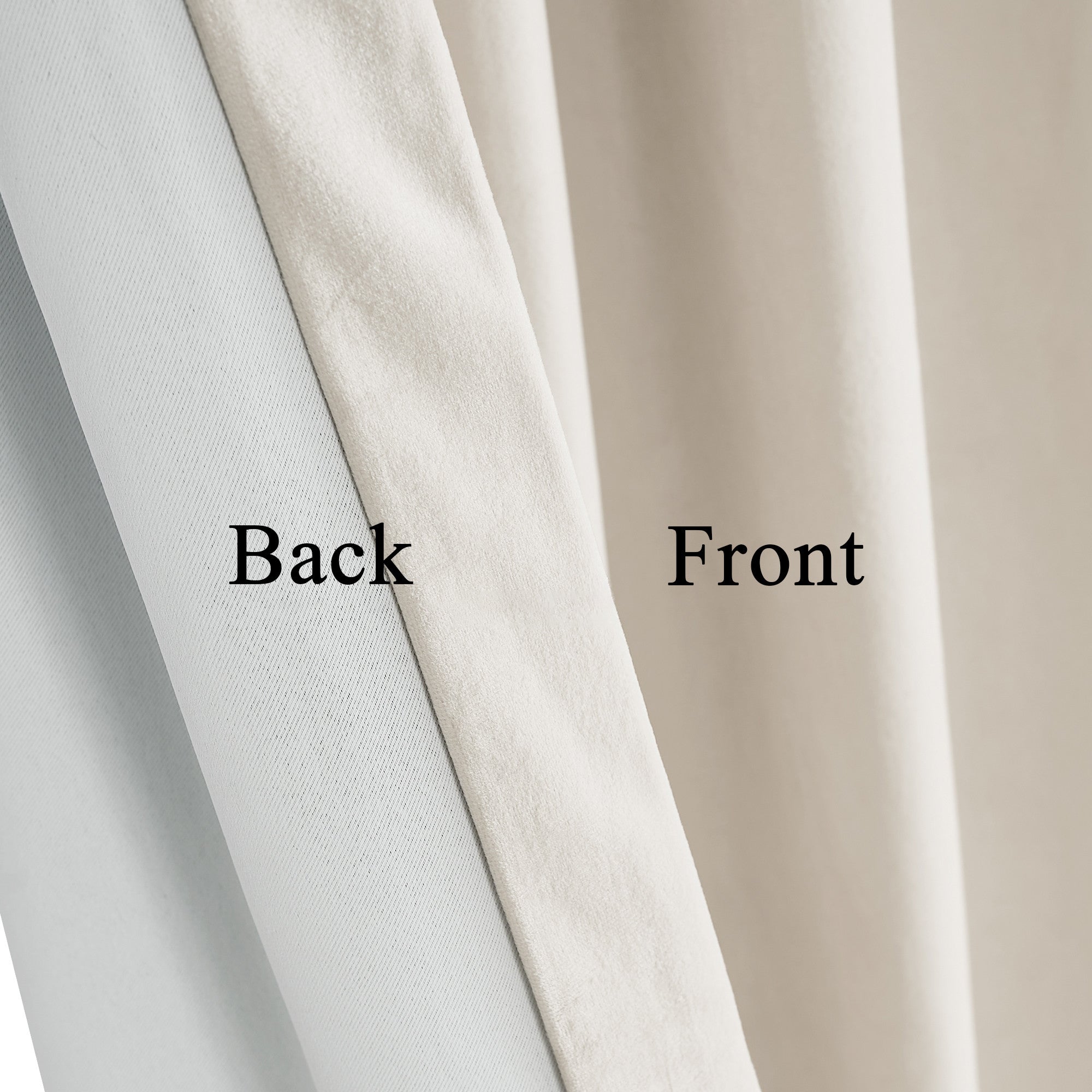 Close-up of 2-layer velvet curtain, showing plush beige front and thermal insulated light blocking textured back fabric.