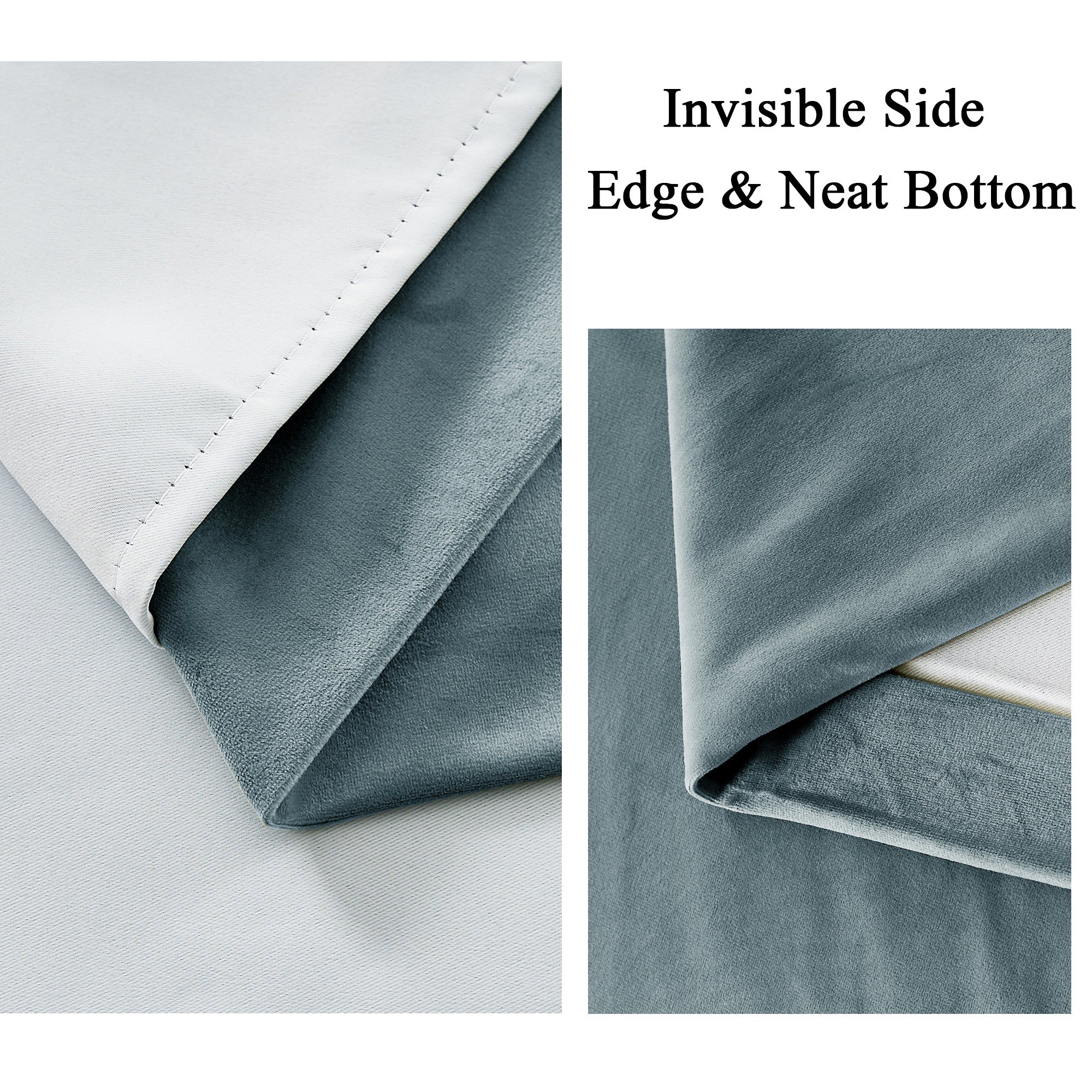 Two layers of teal velvet thermal insulated light blocking drapes, highlighting the neat stitching, invisible side edge, and thick fabric.