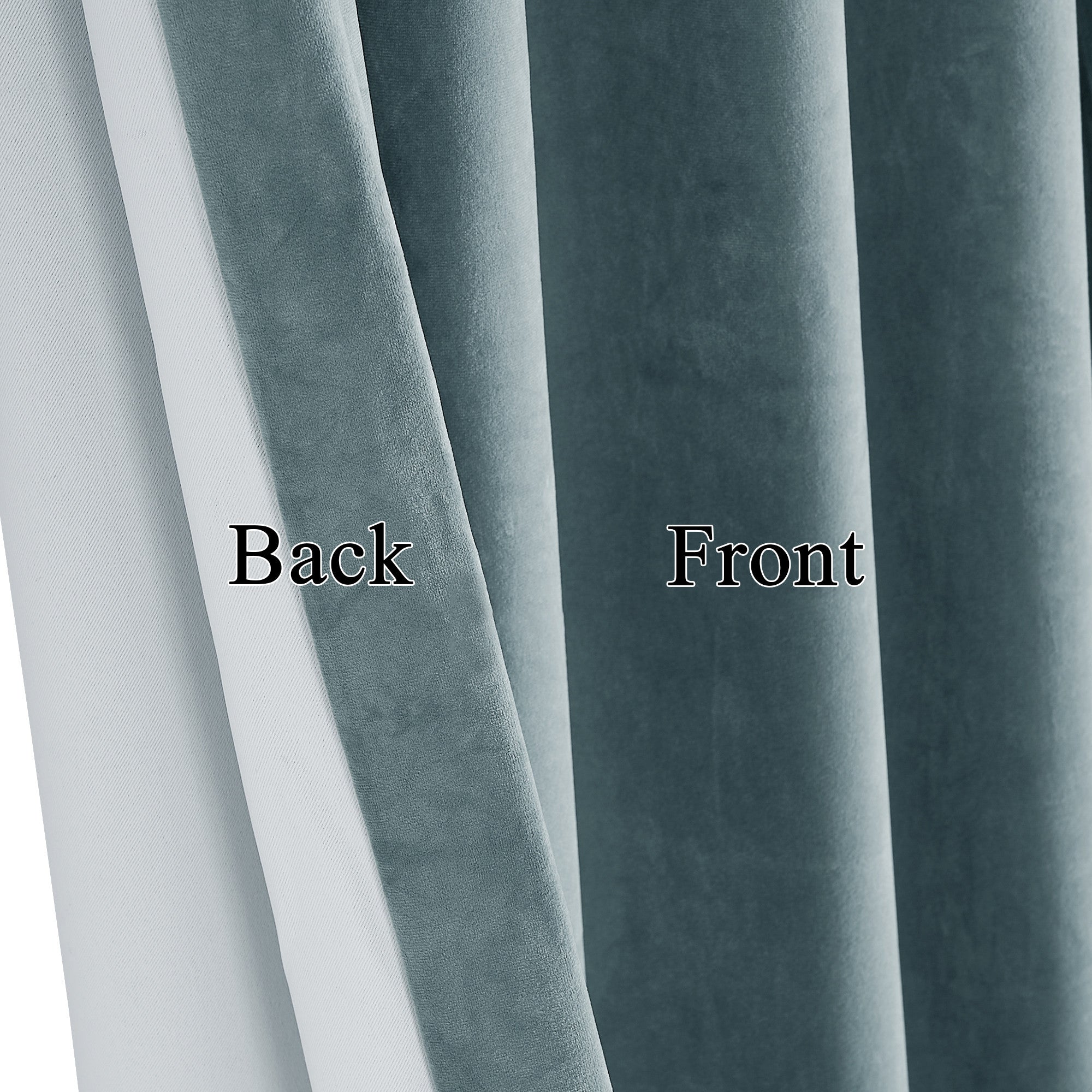 Close-up of 2-layer velvet thermal insulated light blocking drapes, showing plush blue front & thick insulating back.