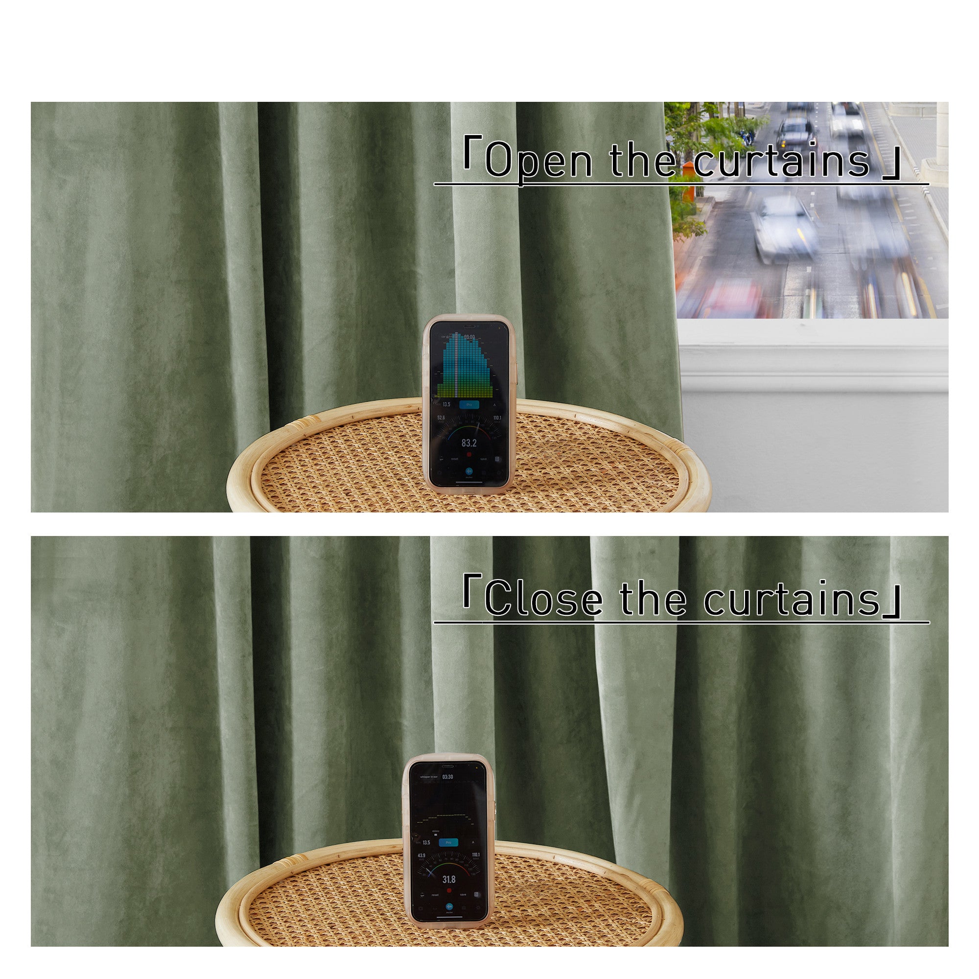 Velvet thermal insulated light blocking drapes demonstrating sound reduction. Top: Curtains open, 83.2 dB noise level. Bottom: Curtains closed, 31.8 dB.