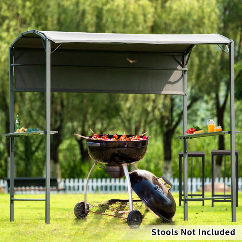 [KGORGE Plus] 7Ft.Wx4.5Ft.L Outdoor Iron Double Tiered Backyard Patio BBQ Grill Gazebo with Side Awning, Bar Counters and Hooks