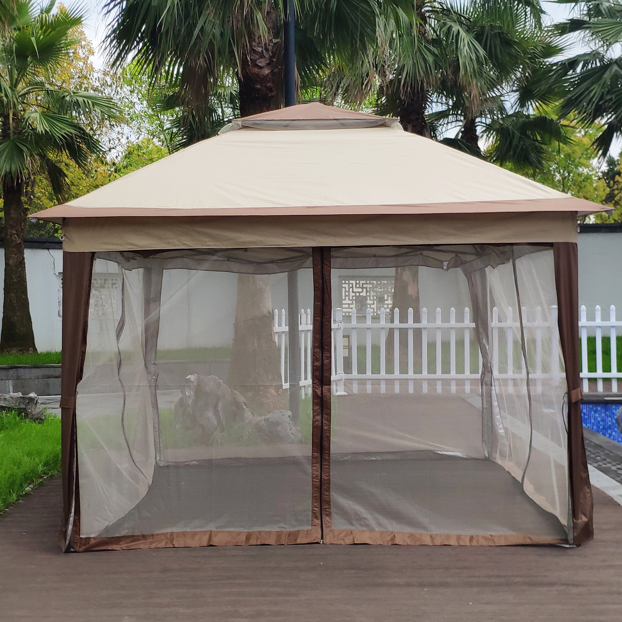 [KGORGE Plus]Outdoor 11ft x 11ft Pop Up Gazebo Canopy With Removable Zipper Netting, 2-Tier Soft Top Event Tent, Suitable For Patio Backyard Garden Camping Area, Coffee