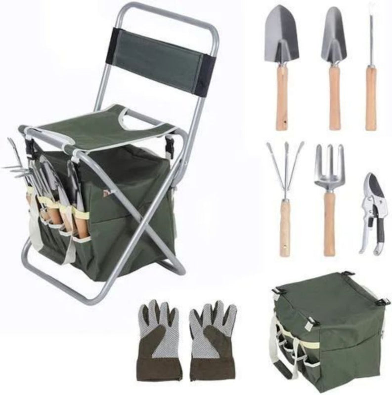 [KGORGE Plus] 9PCS Garden Tools Set Ergonomic Wooden Handle Sturdy Stool with Detachable Tool Kit Perfect for Different Kinds of Gardening