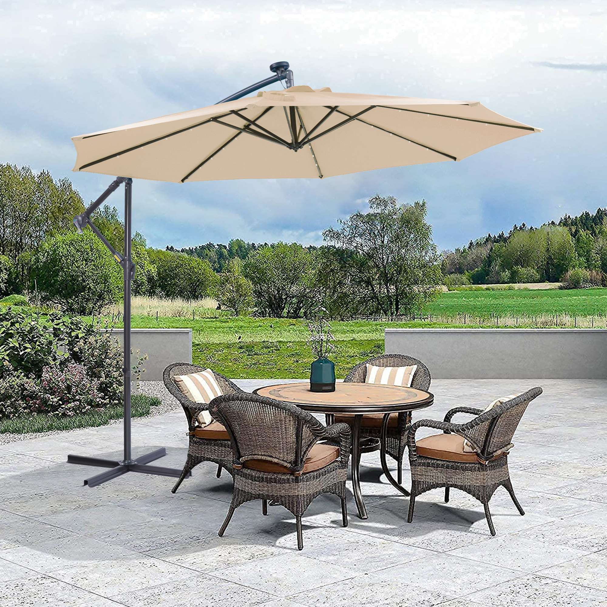 [KGORGE Plus]10 FT Solar Powered No-tilt Cantilever Patio Umbrella Commercial and Residential with 32 LED Lights