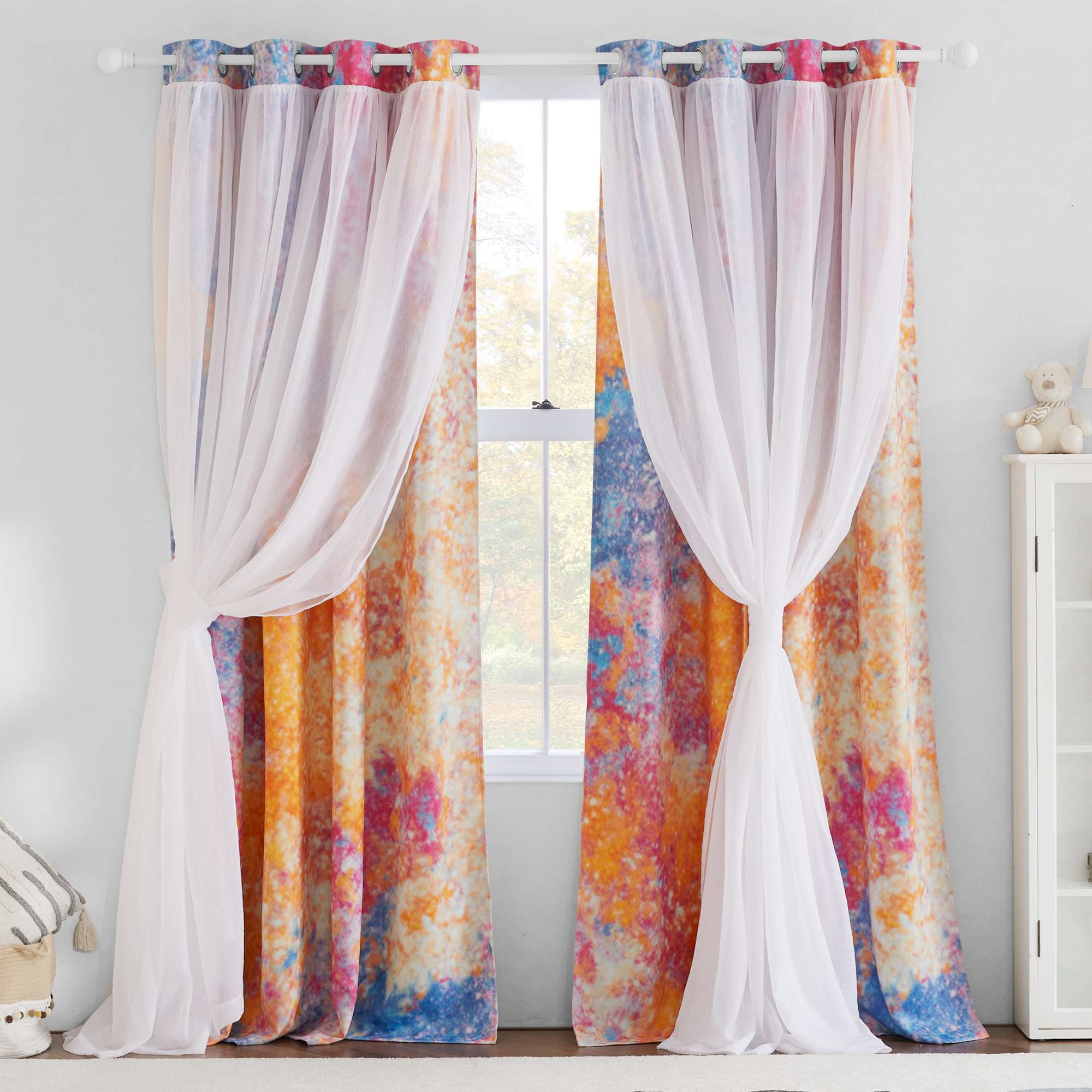 Double Layers Gradient Ombre Blackout Curtains With White Sheer Princess Curtains for Nursery 2 Panels