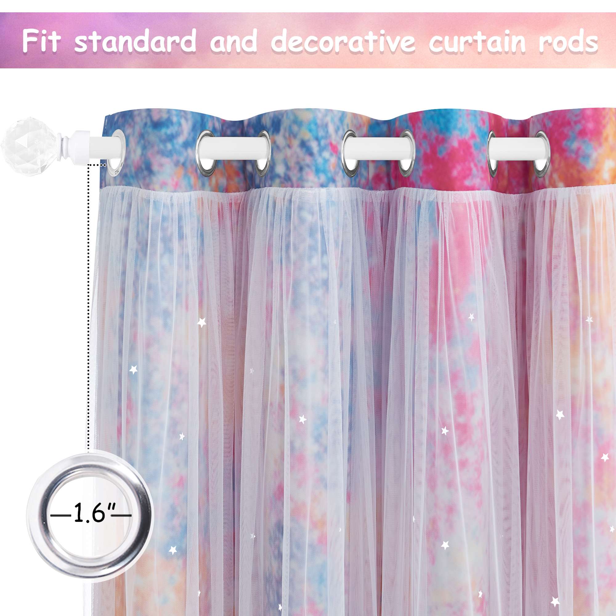 Yellow & Pink Curtains Double Layer with Sheer Star Cut Out Blackout Curtains for Kids Nursery 2 Panels