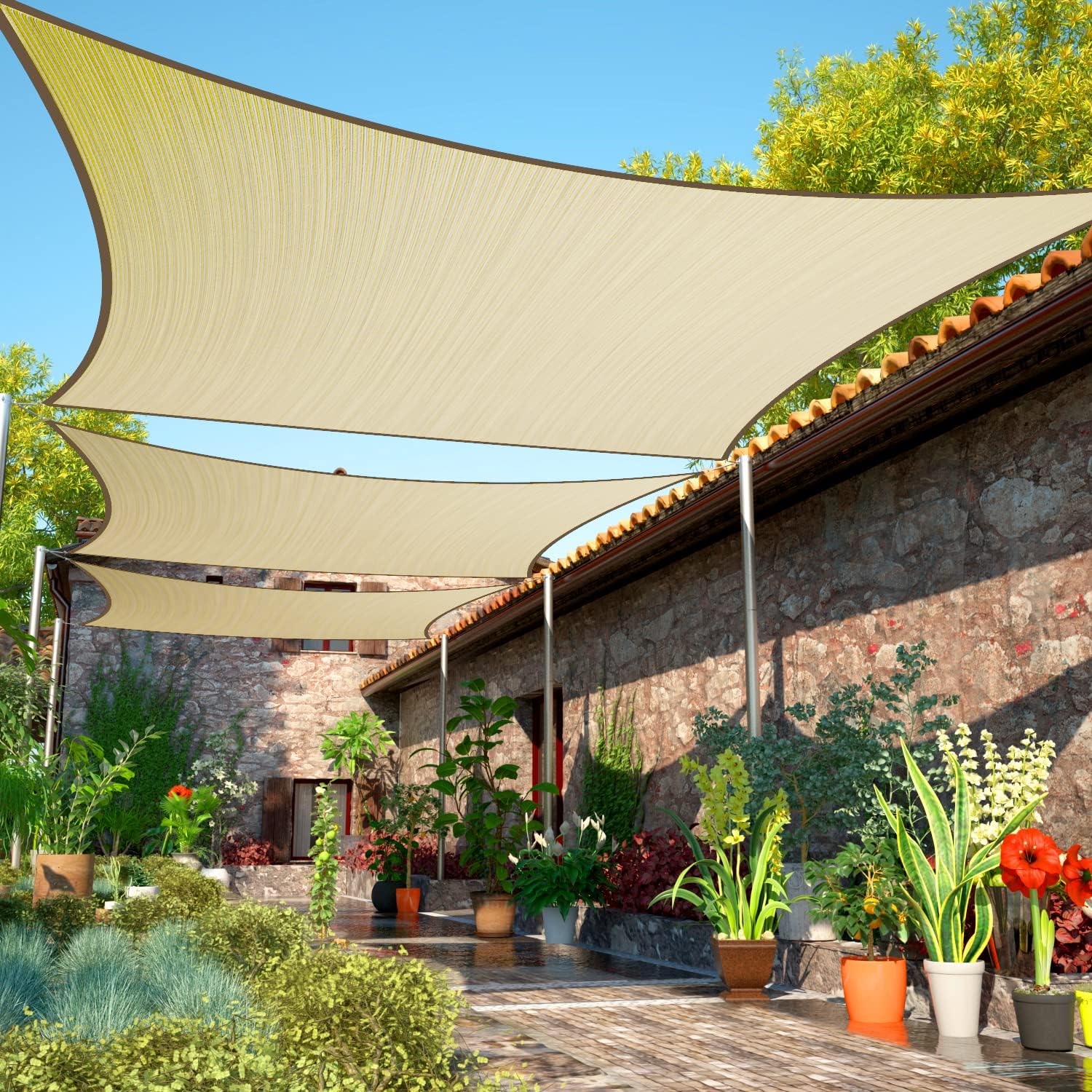 Elegant beige sun shade sails cover a lush patio garden, secured by stainless steel support poles for premium outdoor living shade.