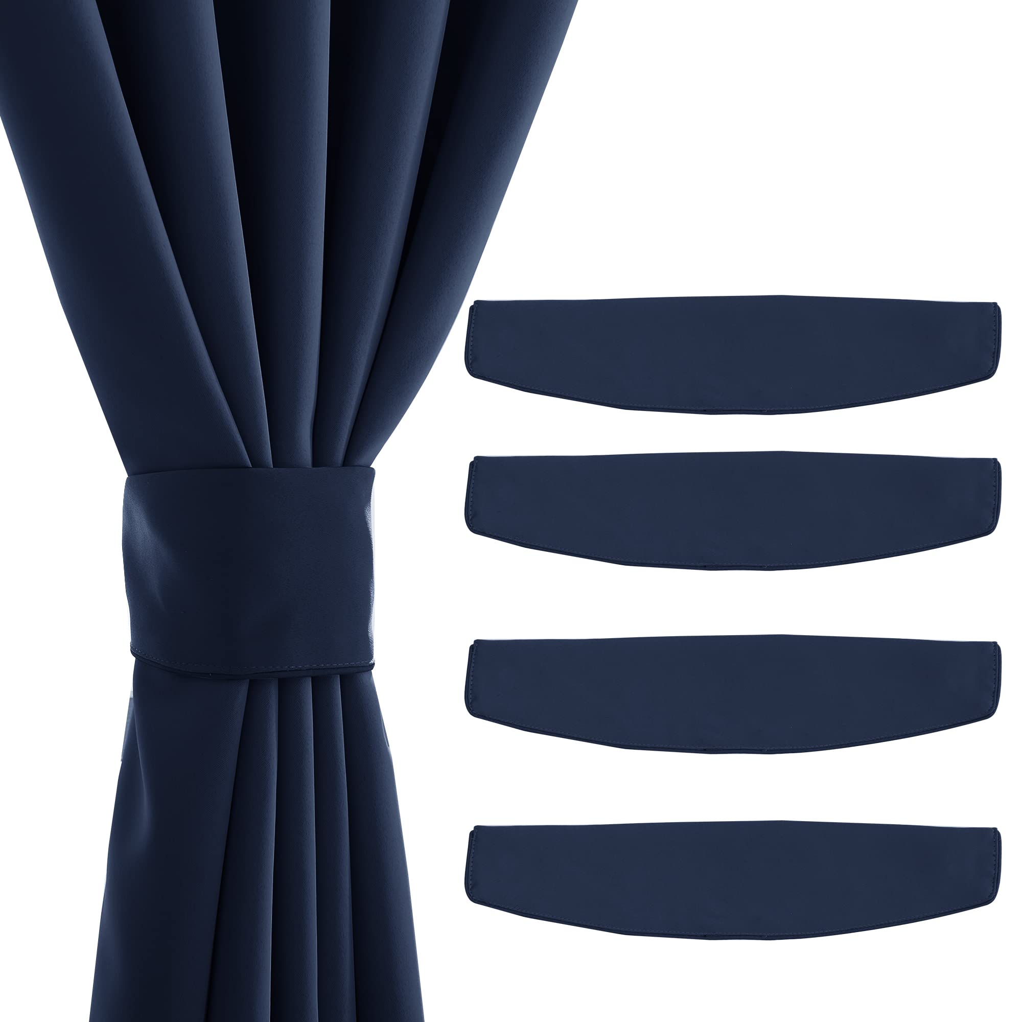 Navy blue outdoor curtain with a magnetic tie back; a set of 4 magnetic decorative drape tie backs displayed.