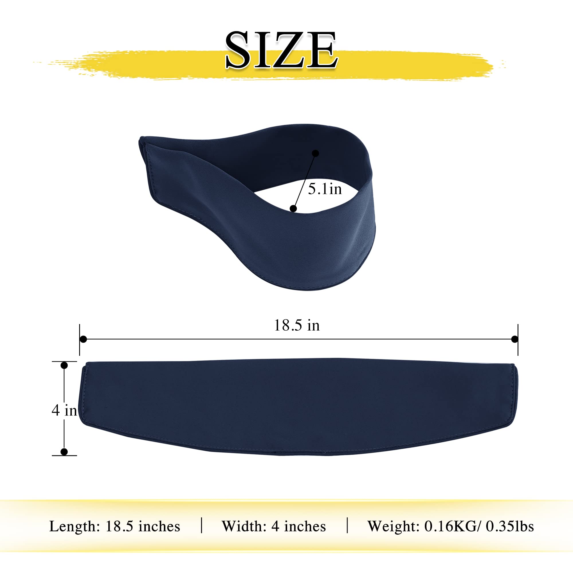 Navy blue magnetic decorative drape tie back showing dimensions: 18.5in length, 4in width, 5.1in arc, 0.35lbs. Perfect for outdoor curtains.