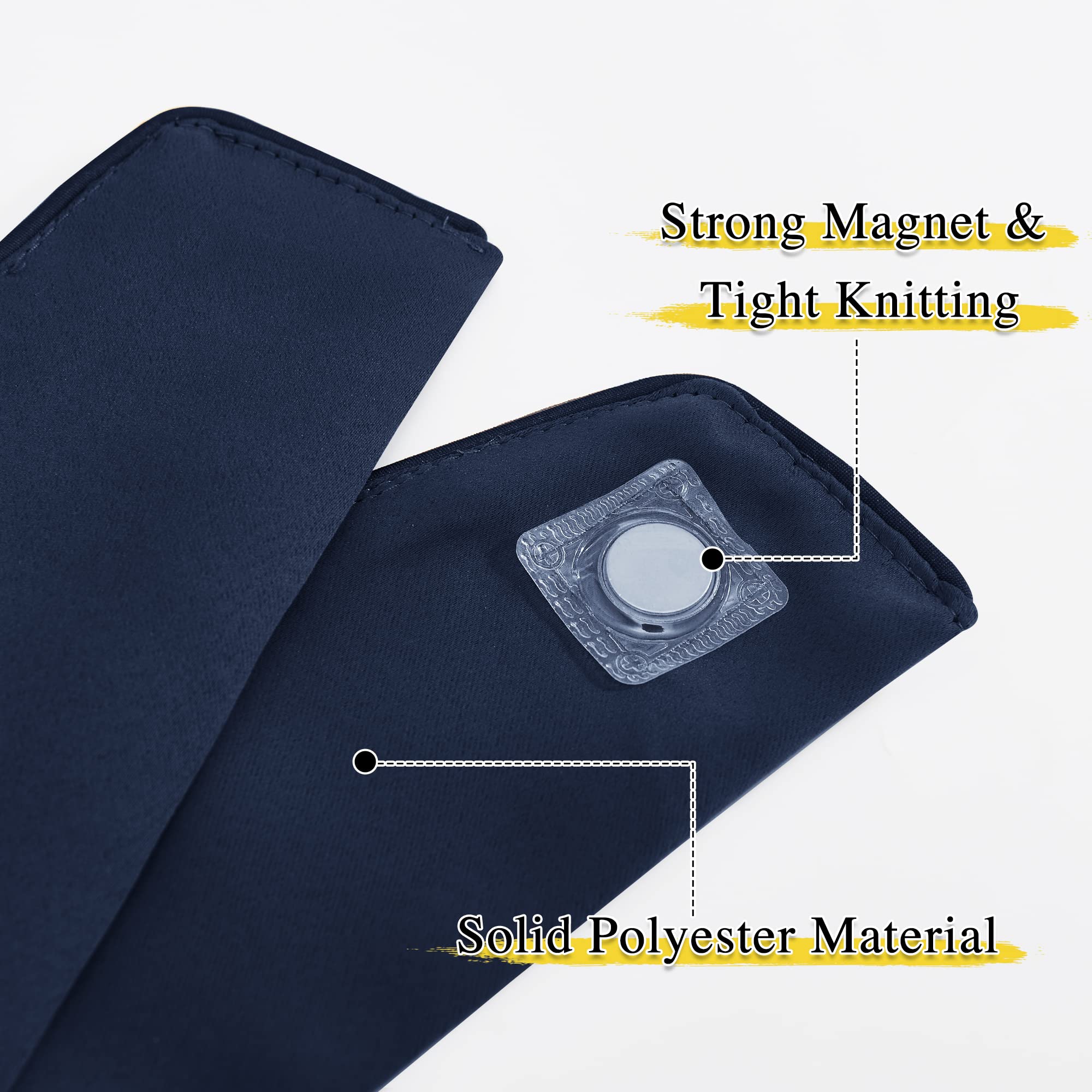 Close-up of a navy blue magnetic curtain drape tie back, showcasing its strong magnet, tight knitting, and solid polyester material.