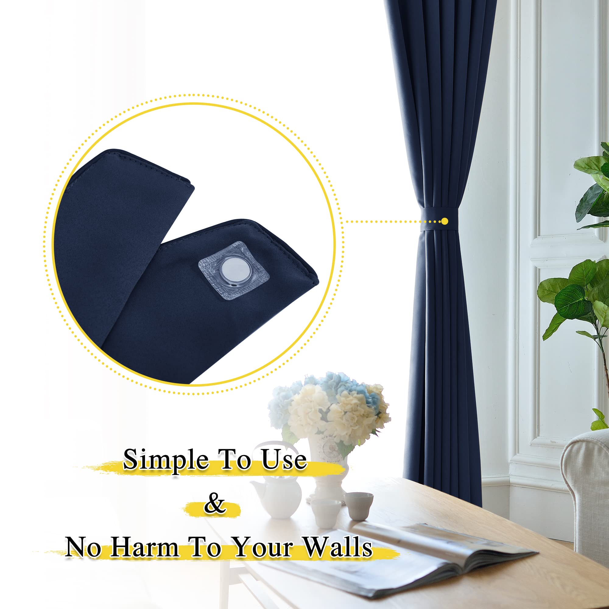 Navy blue outdoor curtain neatly tied back with a magnetic decorative drape tie-back, showcasing its simple-to-use mechanism.
