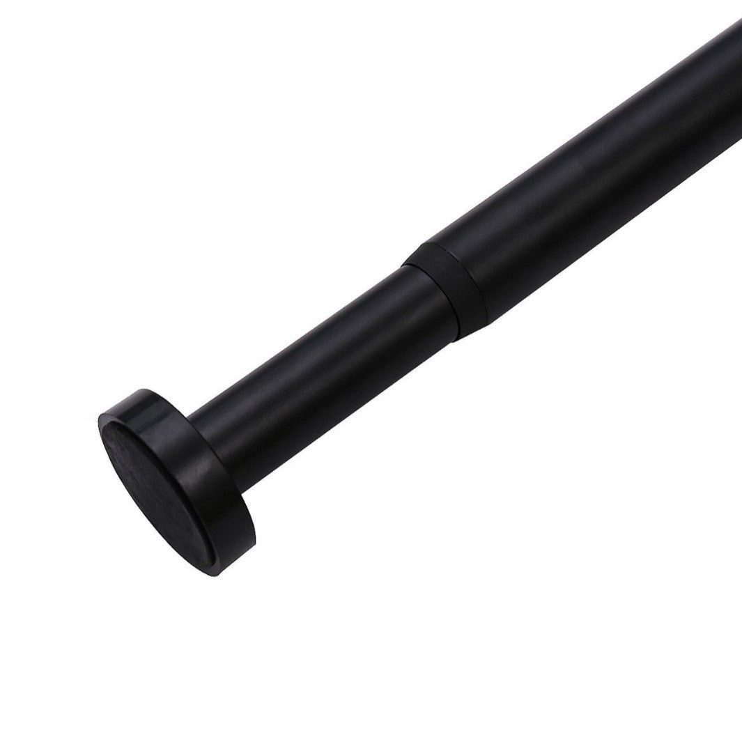 Adjustable black rust-free aluminum tension curtain rod for outdoor use, patios, windows, or showers, with non-slip end cap.