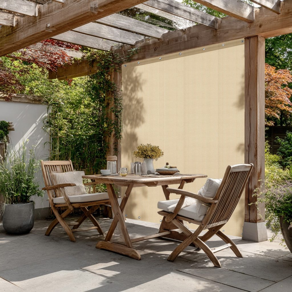 Beige HDPE breathable mesh tarp with grommets attached to a wooden pergola, providing privacy and shade for a patio dining set.