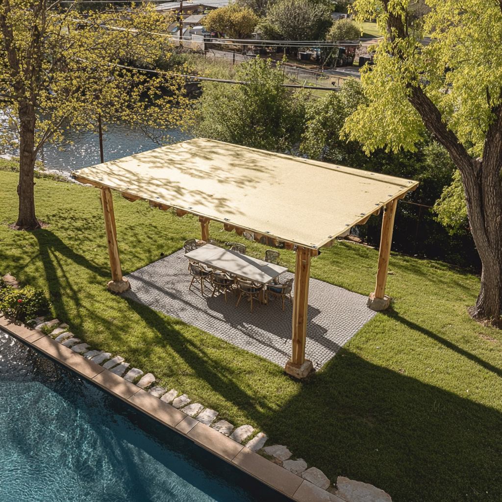 Aerial view of a rectangular beige waterproof shade sail with grommets over a wooden patio pergola, protecting a dining set by a pool.