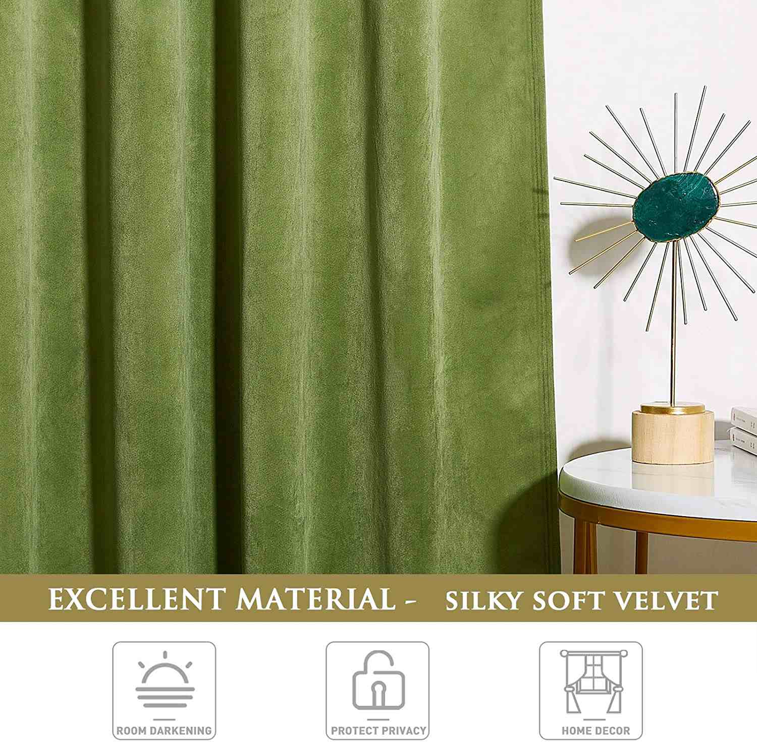 Silky soft green velvet rod pocket blackout curtain panel, showcasing luxurious texture & elegant folds, ideal for noise reduction.