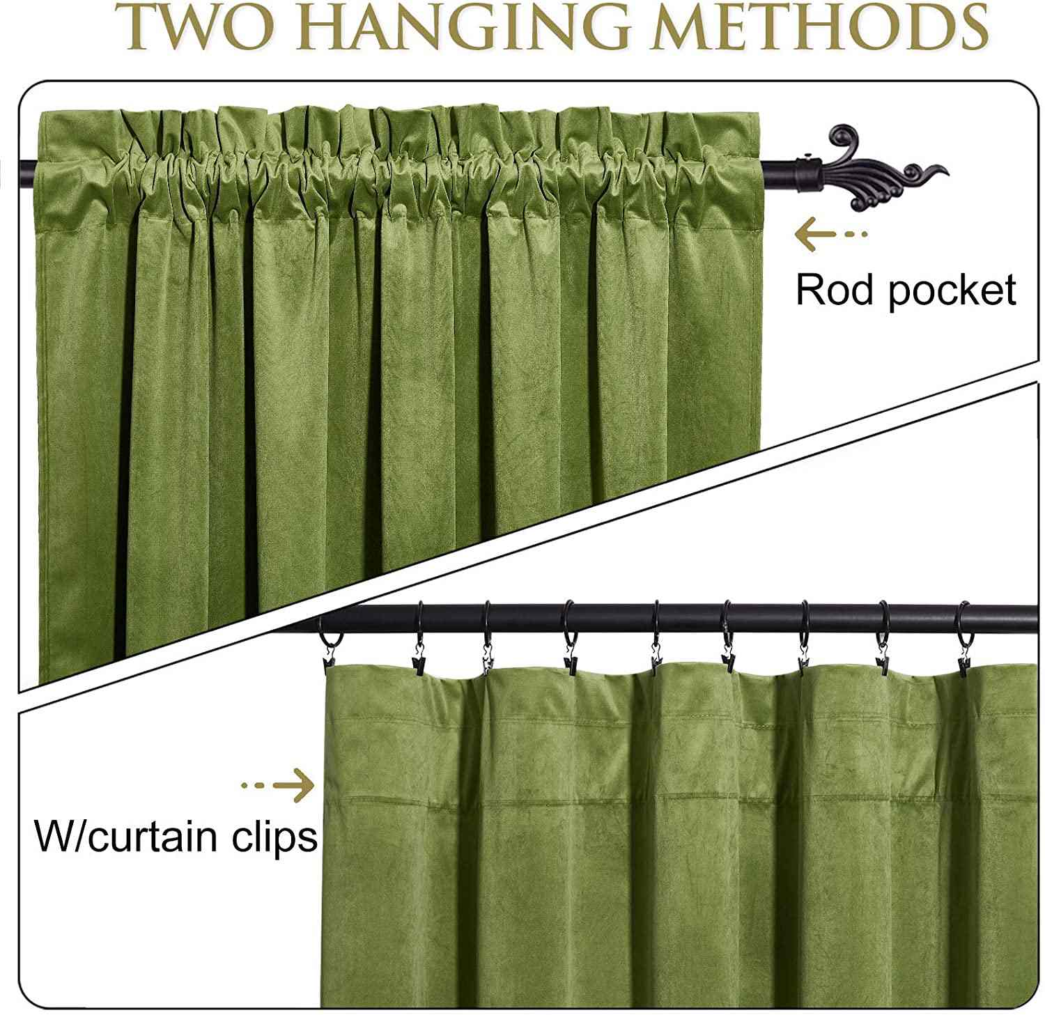 Green velvet luxury blackout curtain panels demonstrating two hanging methods: rod pocket and with curtain clips.