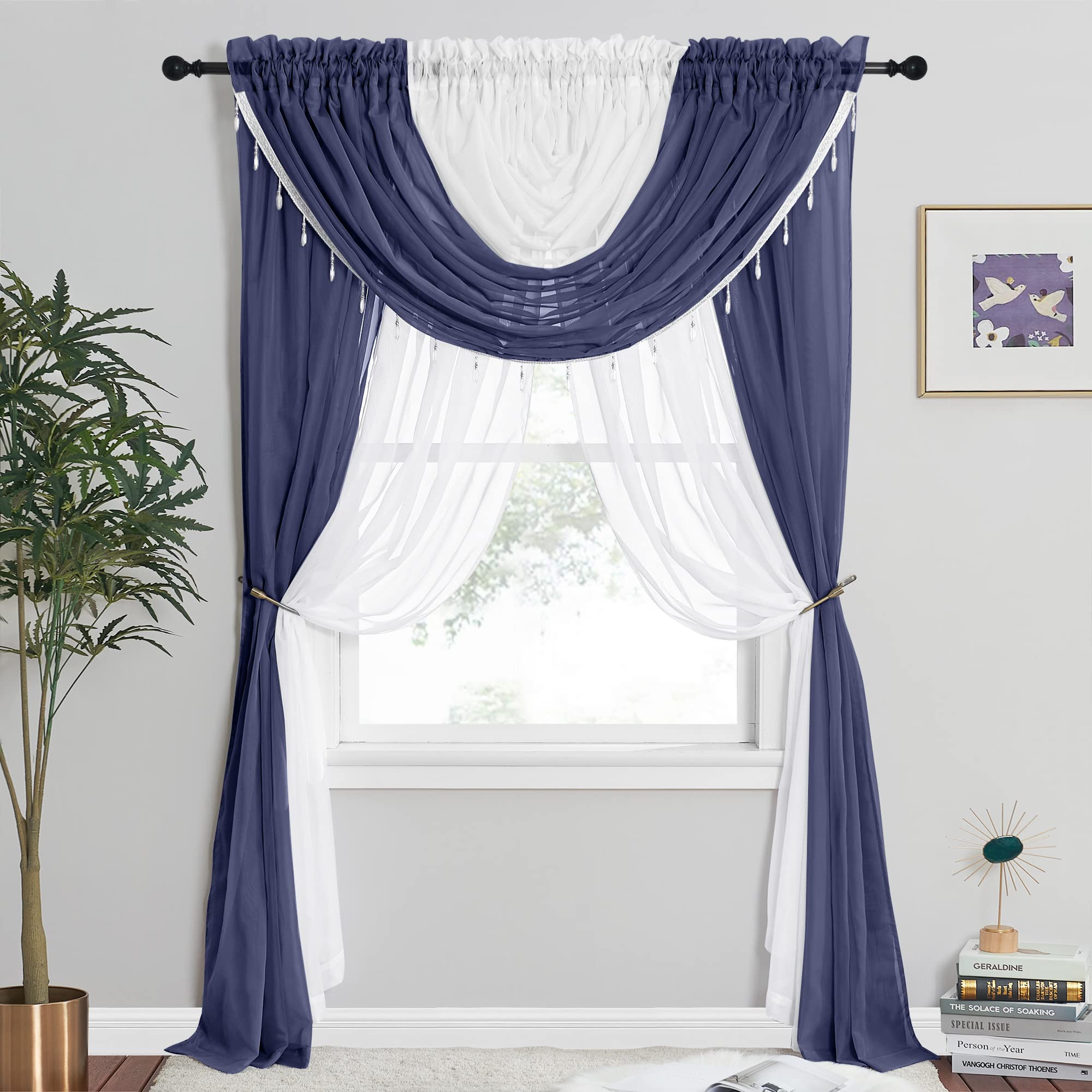 Window Sheer All-in-One Mix Match Voile Curtains Rod Pocket for Bedroom/LivingRoom, 4 Panels with 2 Waterfall Beads Valances