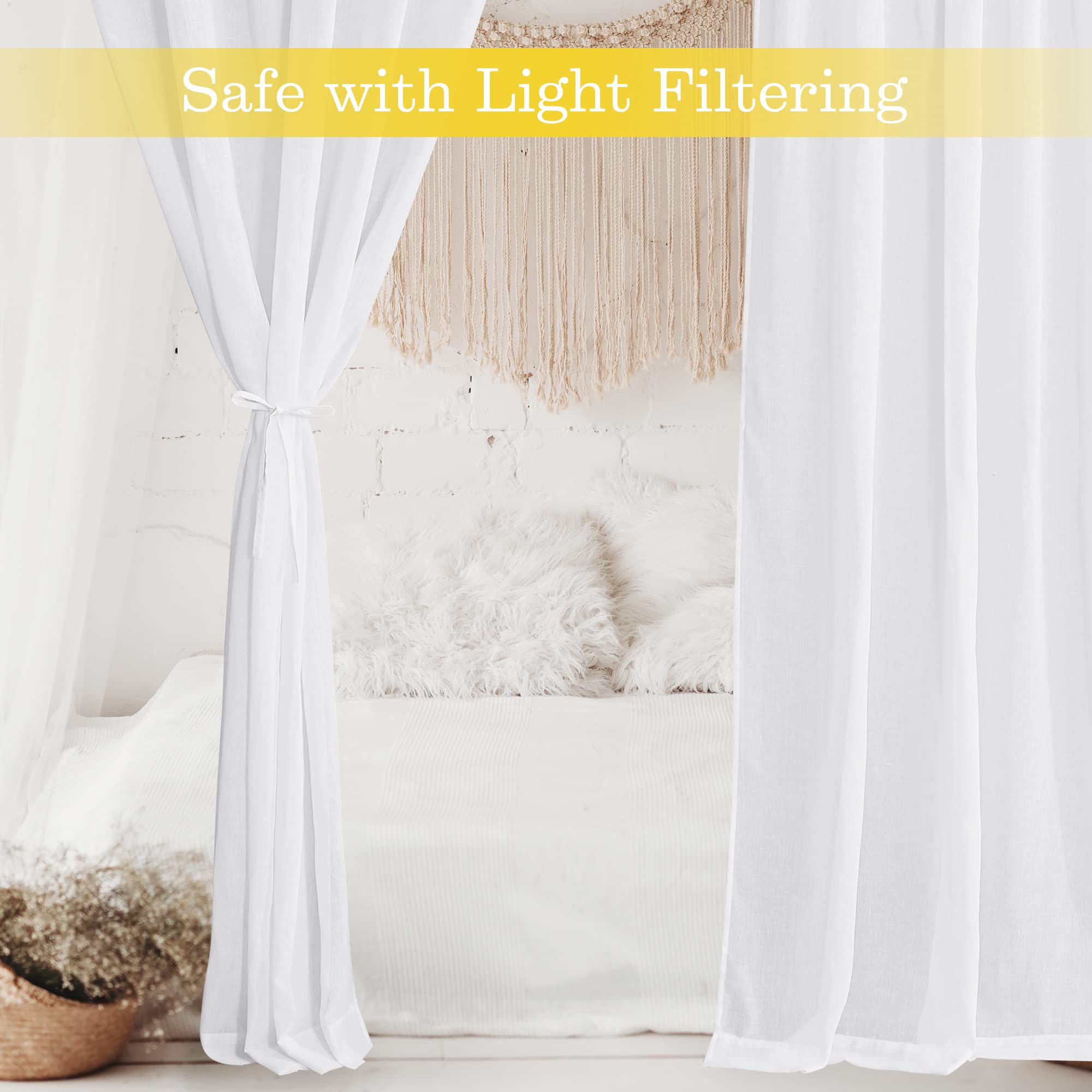 8PCS Canopy Bed Curtains , Faux Linen Blend Texture Bed Canopy Drapes Semi Sheer with Top Ties & Tie Backs for Bedroom