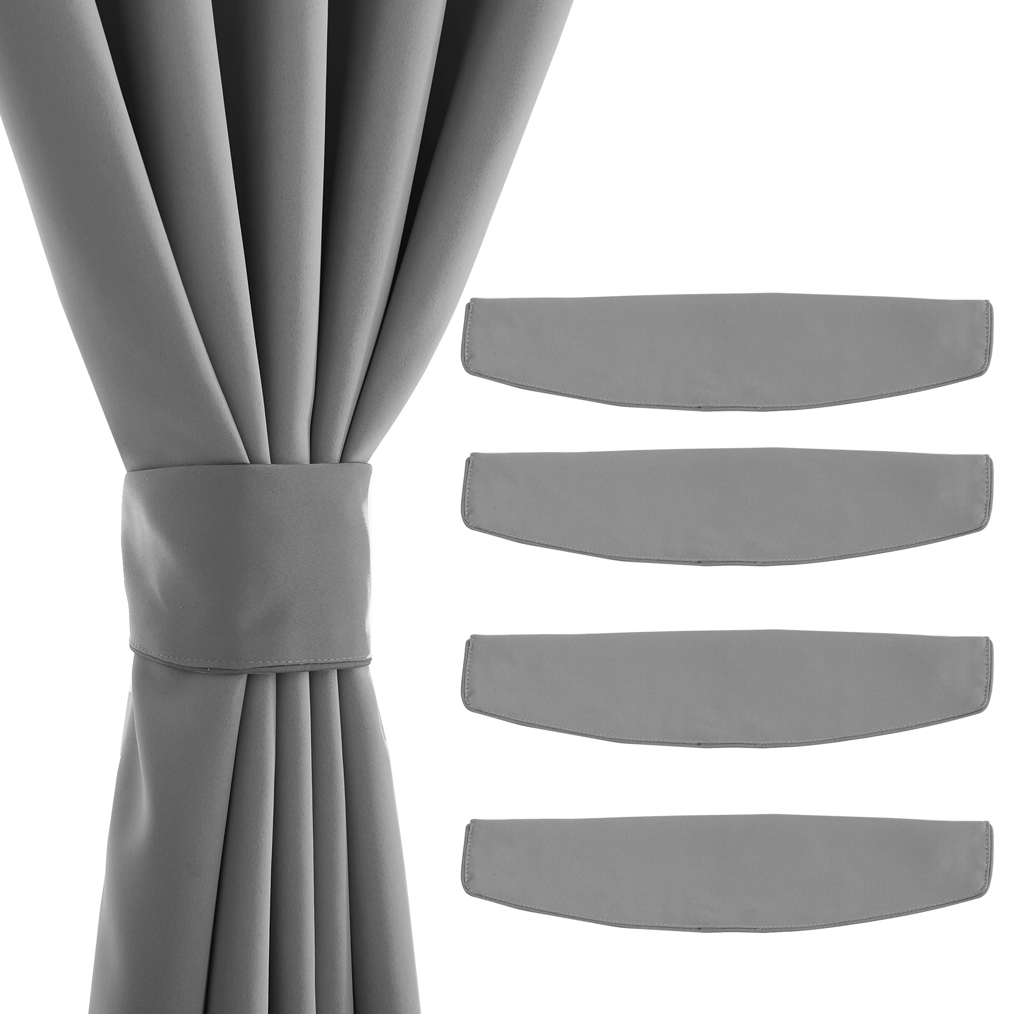 Grey magnetic decorative drape tie back holding a curtain, plus a set of four matching grey tie backs, ideal for outdoor or indoor drapes.